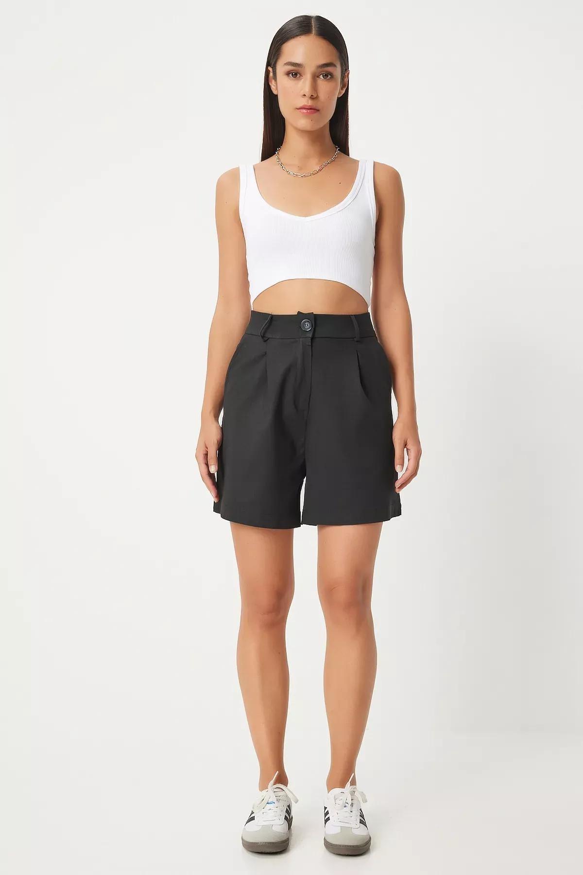 Black Pleated Viscose Shorts, , large image number 1