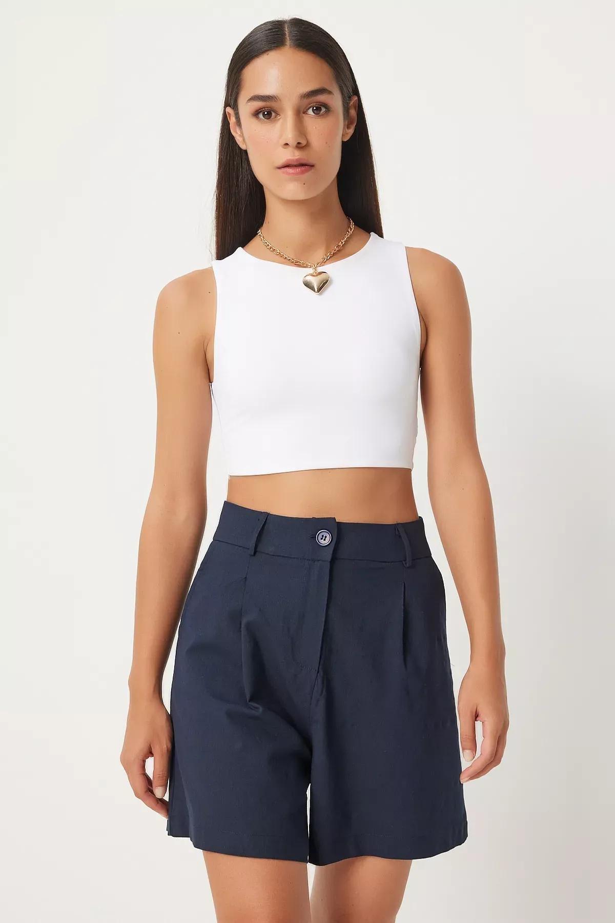 شورت فيسكوز بكسرات، كحلي, Navy blue, large image number 0