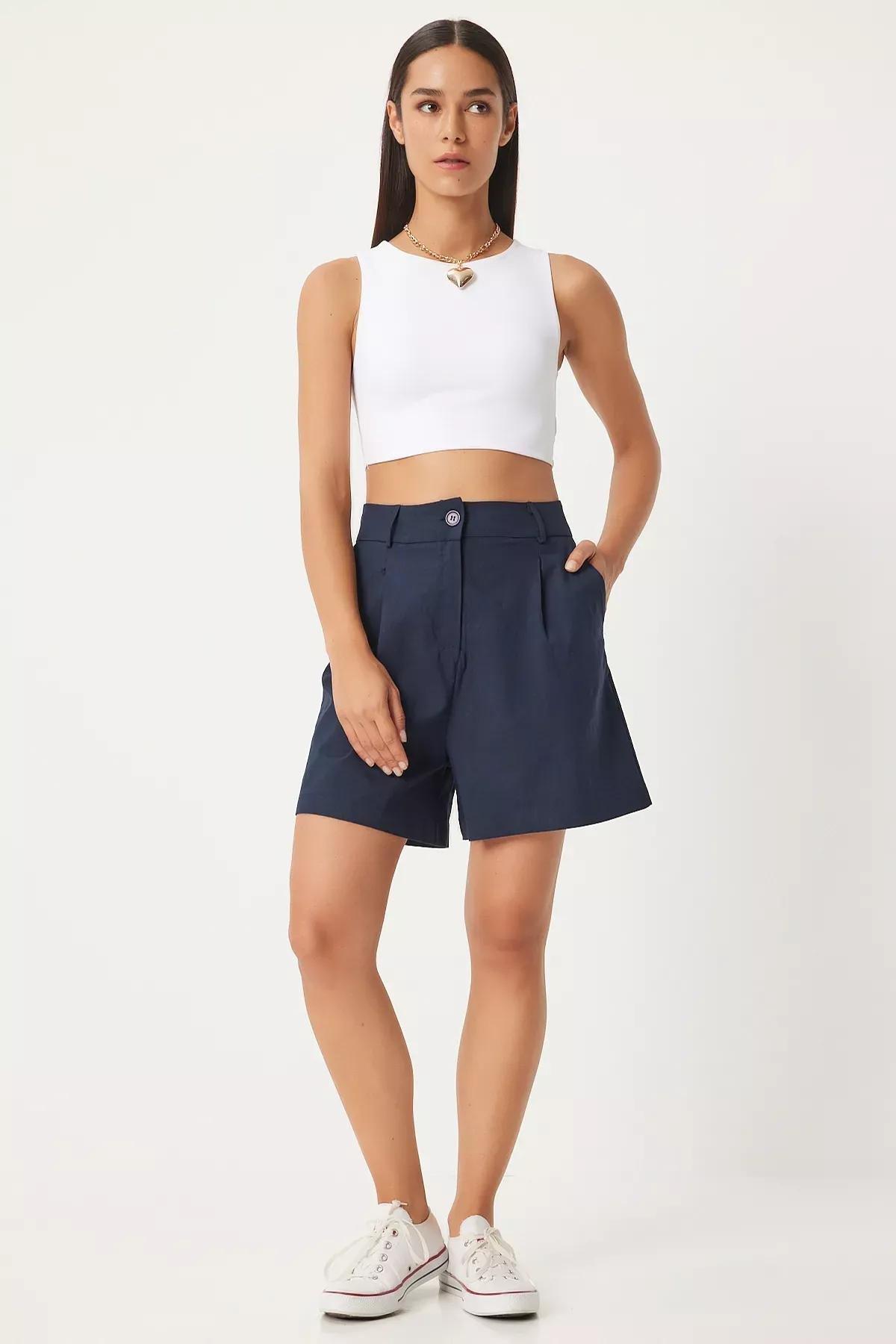 شورت فيسكوز بكسرات، كحلي, Navy blue, large image number 1