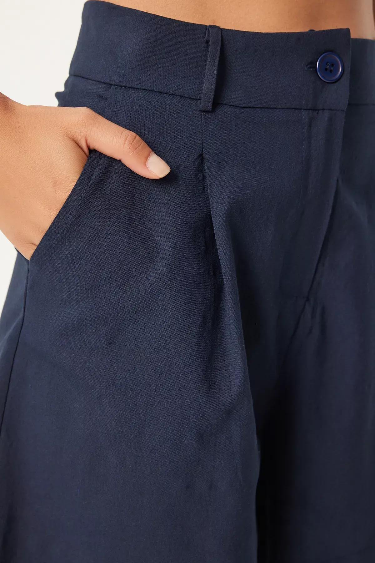 شورت فيسكوز بكسرات، كحلي, Navy blue, large image number 2
