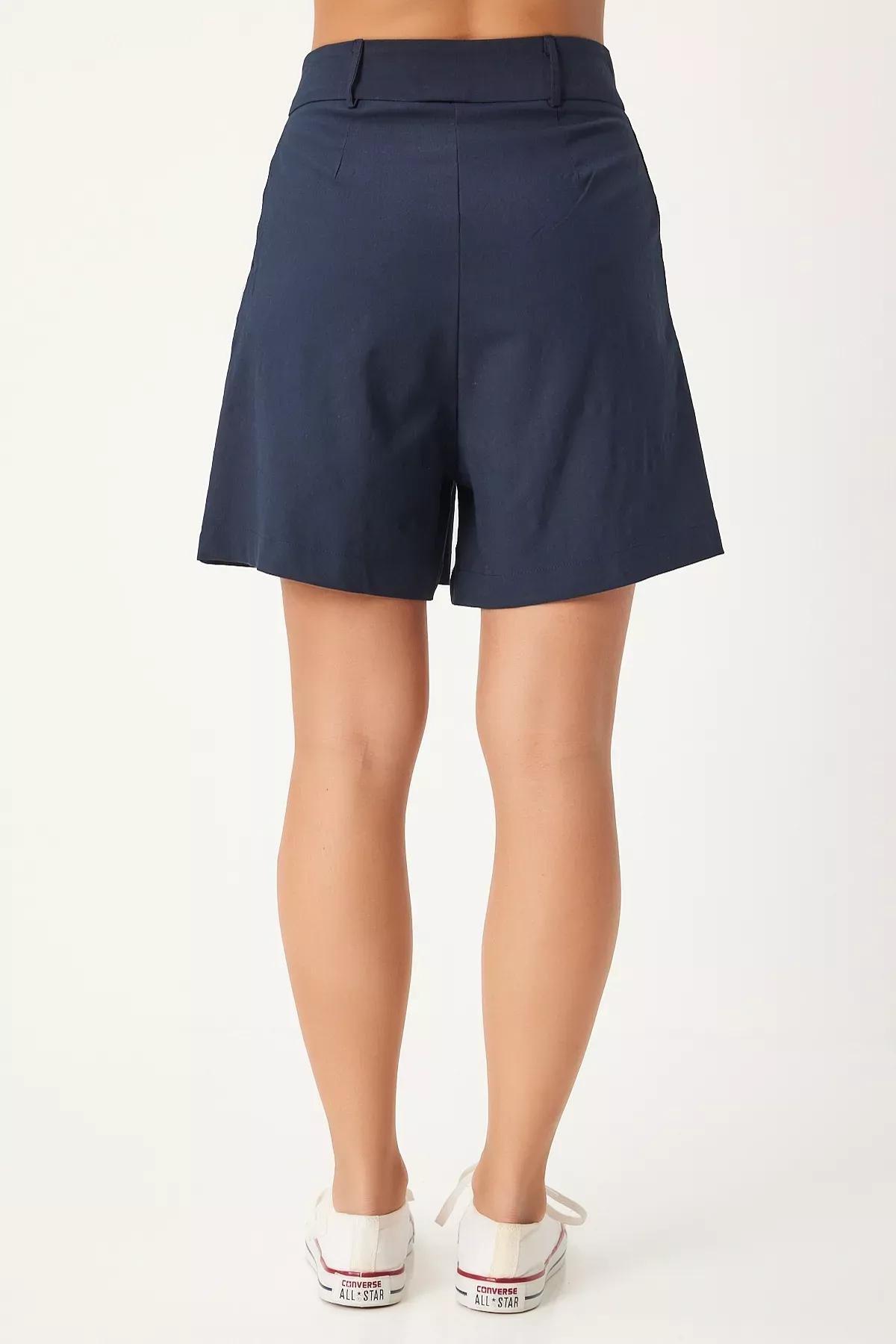 شورت فيسكوز بكسرات، كحلي, Navy blue, large image number 3