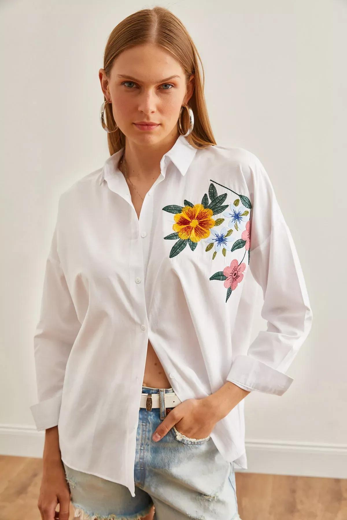 White Floral Embroidered Shirt, C101_6649, large image number 2