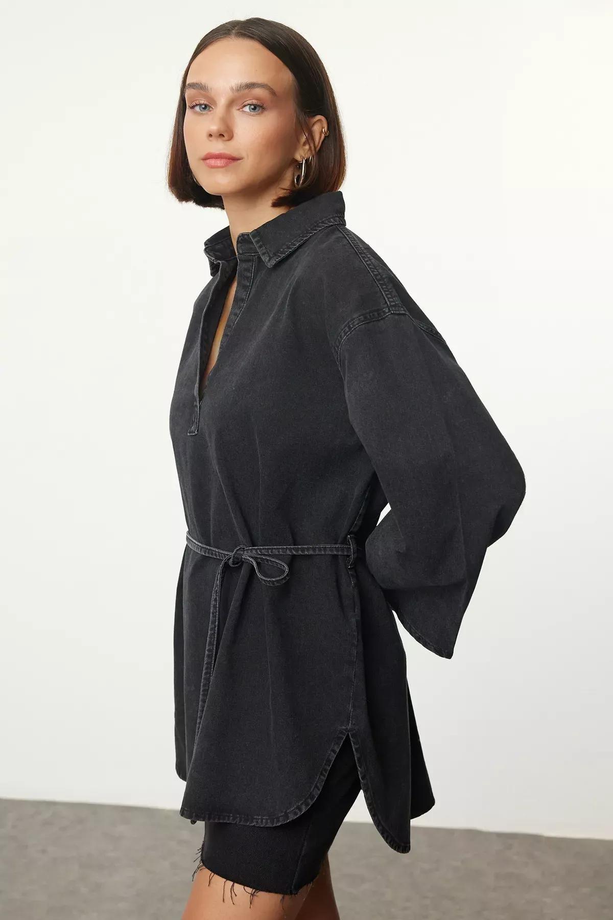 Black Oversize Tied Denim Shirt, , large image number 0