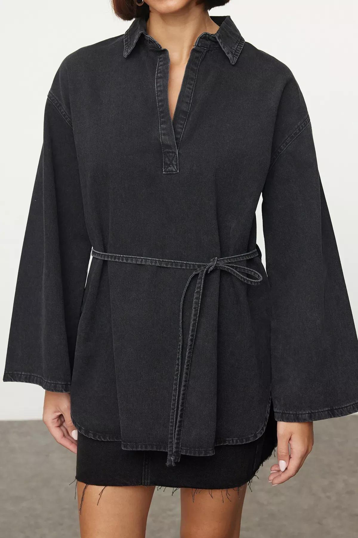 Black Oversize Tied Denim Shirt, , large image number 1