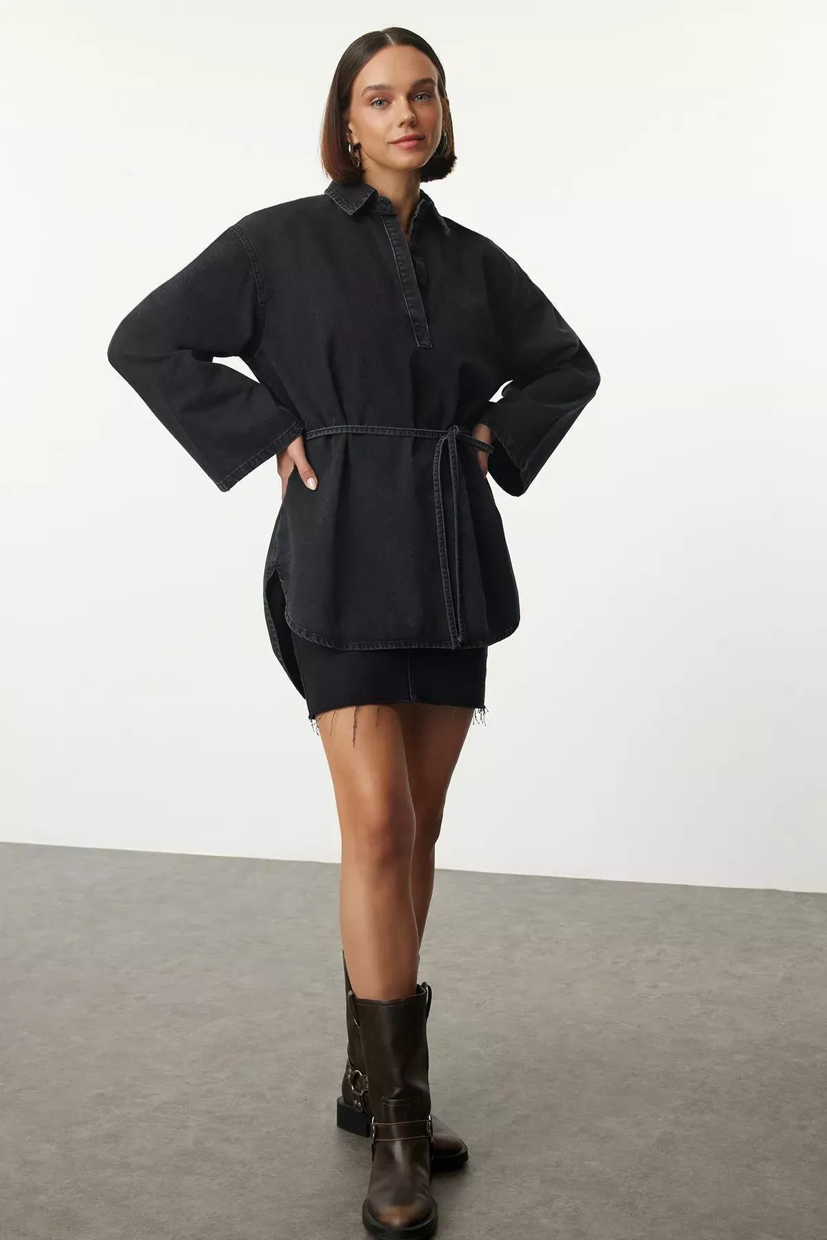 Black Oversize Tied Denim Shirt, , large image number 2