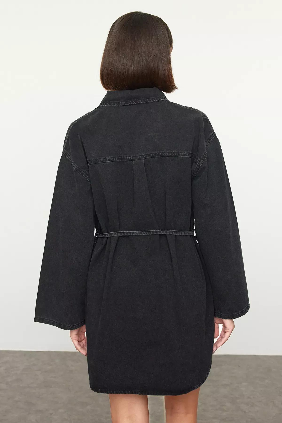 Black Oversize Tied Denim Shirt, , large image number 3