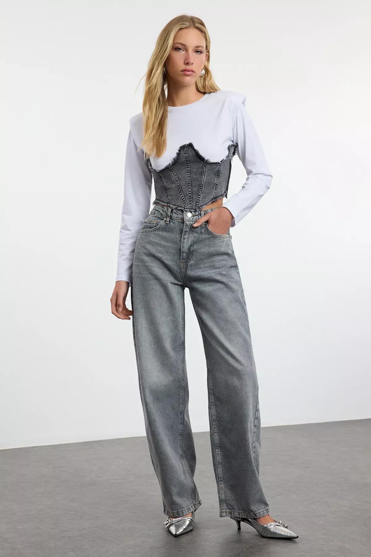 Grey High-Waist Barrel Jeans, , large image number 0