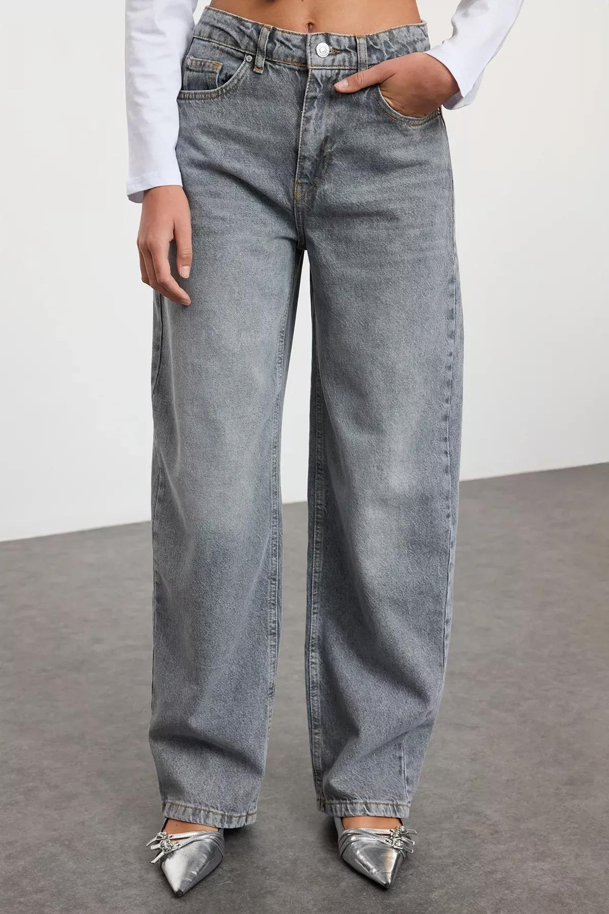Grey High-Waist Barrel Jeans, , large image number 3