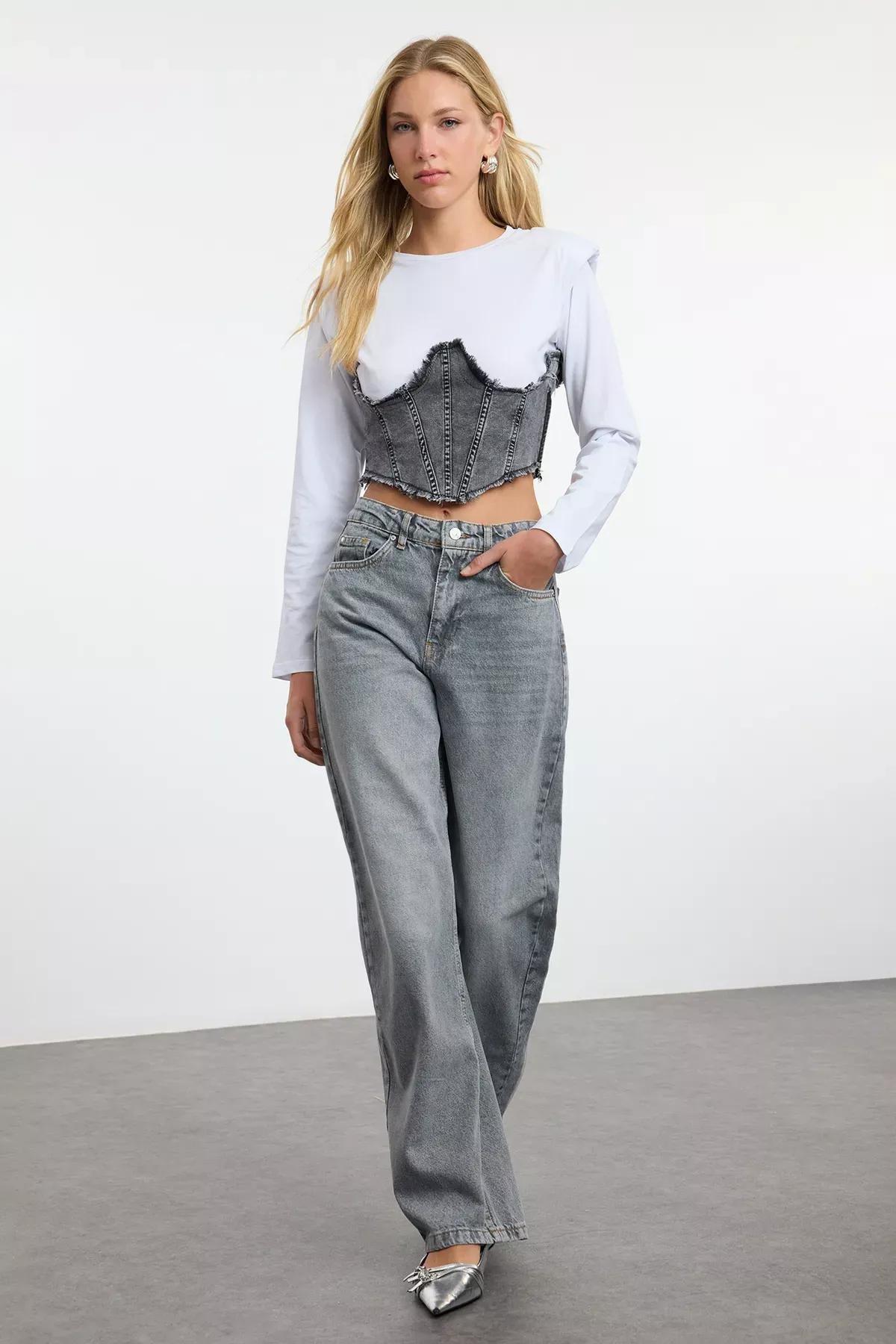 Grey High-Waist Barrel Jeans, , large image number 6