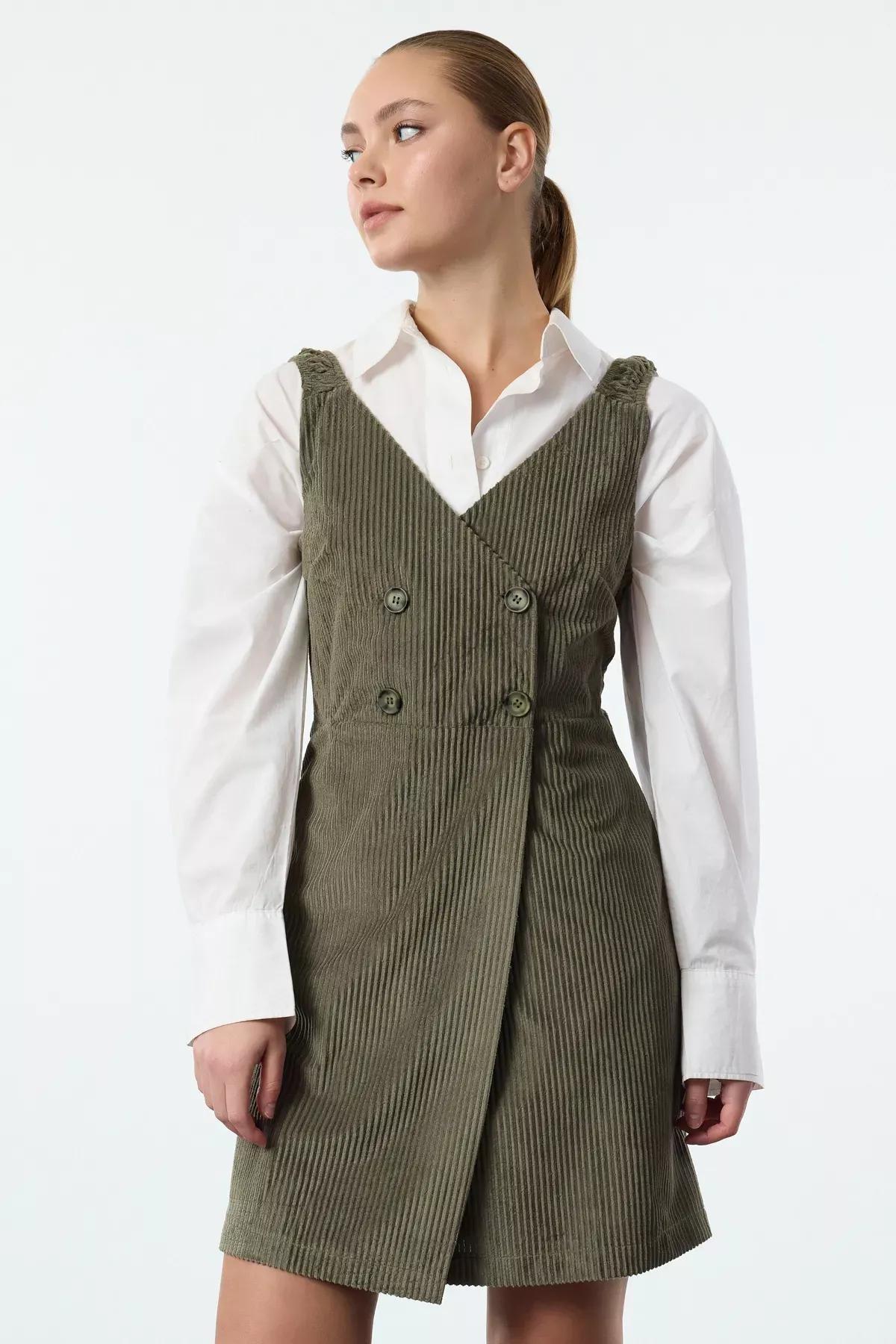 Khaki Strapped Vest Velvet Mini Dress, , large image number 0