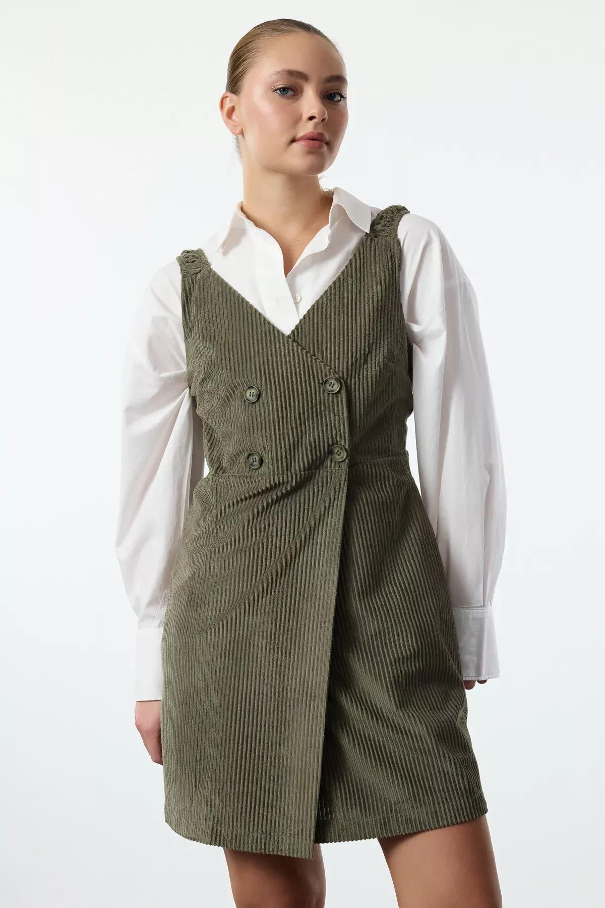 Khaki Strapped Vest Velvet Mini Dress, , large image number 1