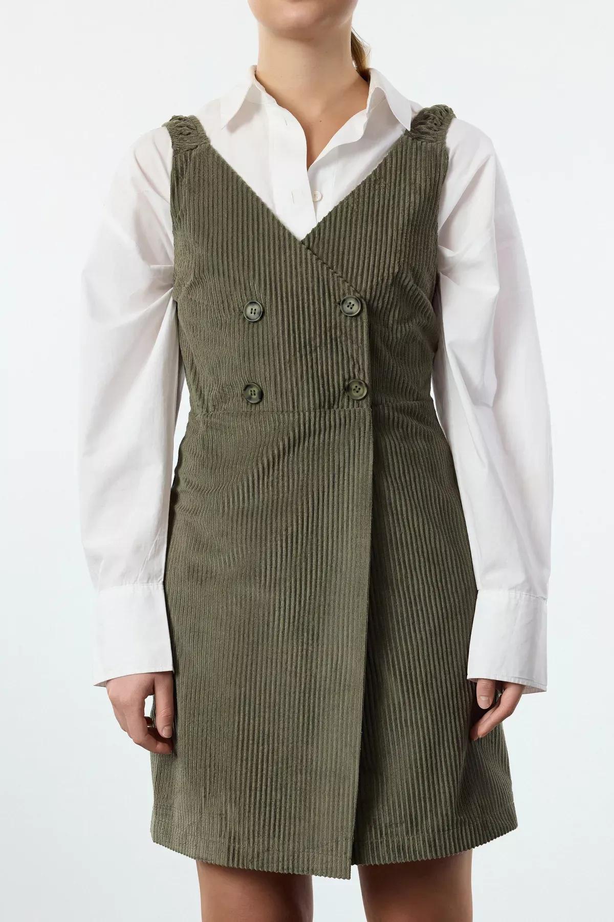 Khaki Strapped Vest Velvet Mini Dress, , large image number 3