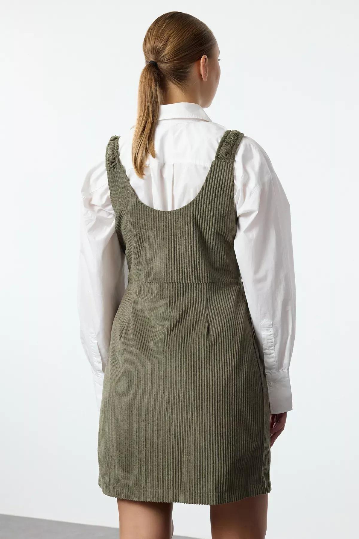 Khaki Strapped Vest Velvet Mini Dress, , large image number 4
