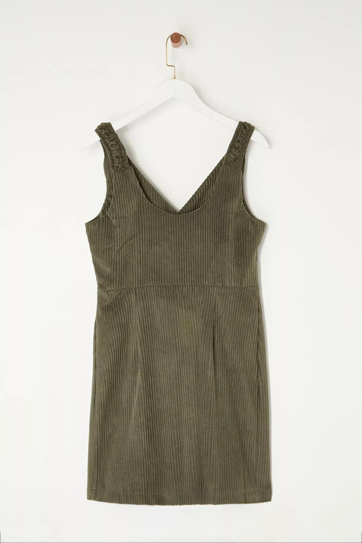 Khaki Strapped Vest Velvet Mini Dress, , large image number 5