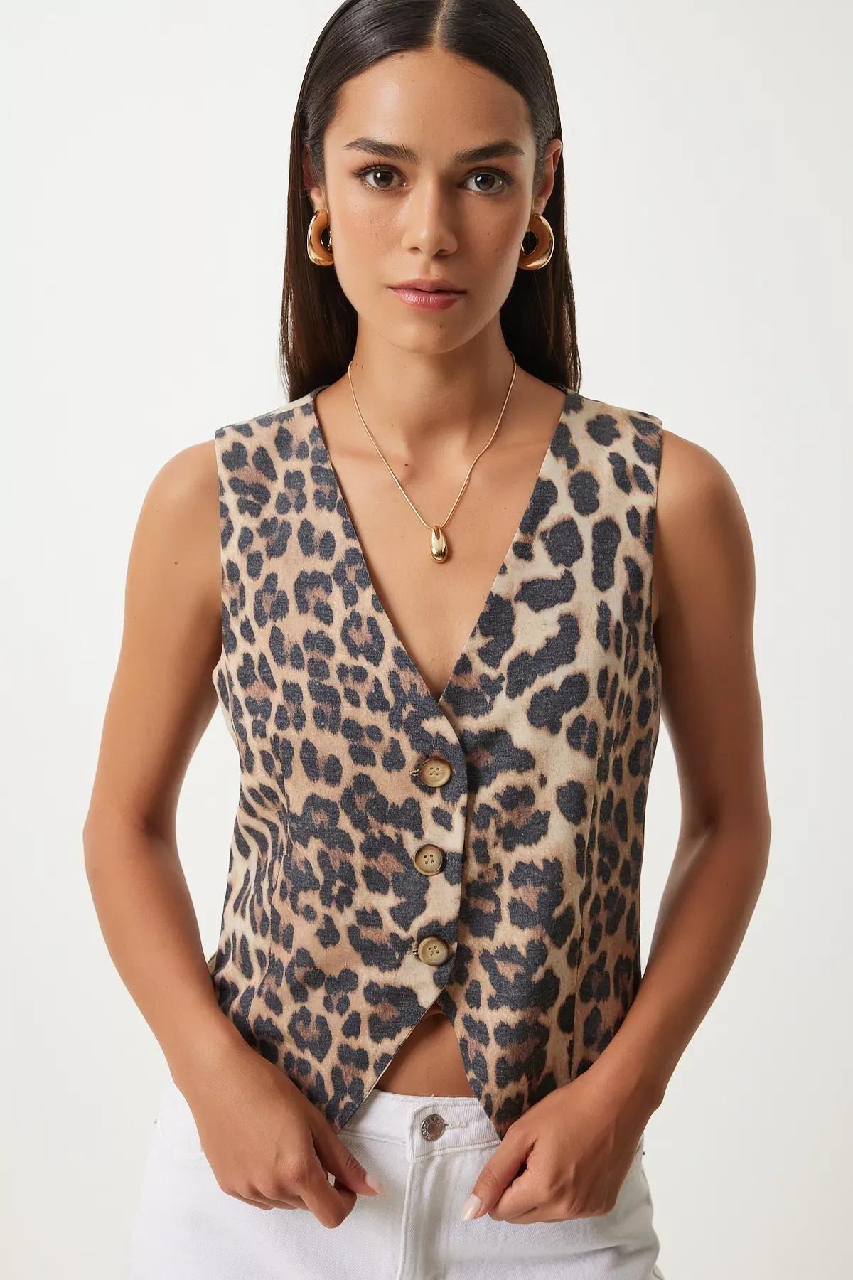 Black Beige Leopard V-Neck Vest, Black Beige, large image number 0