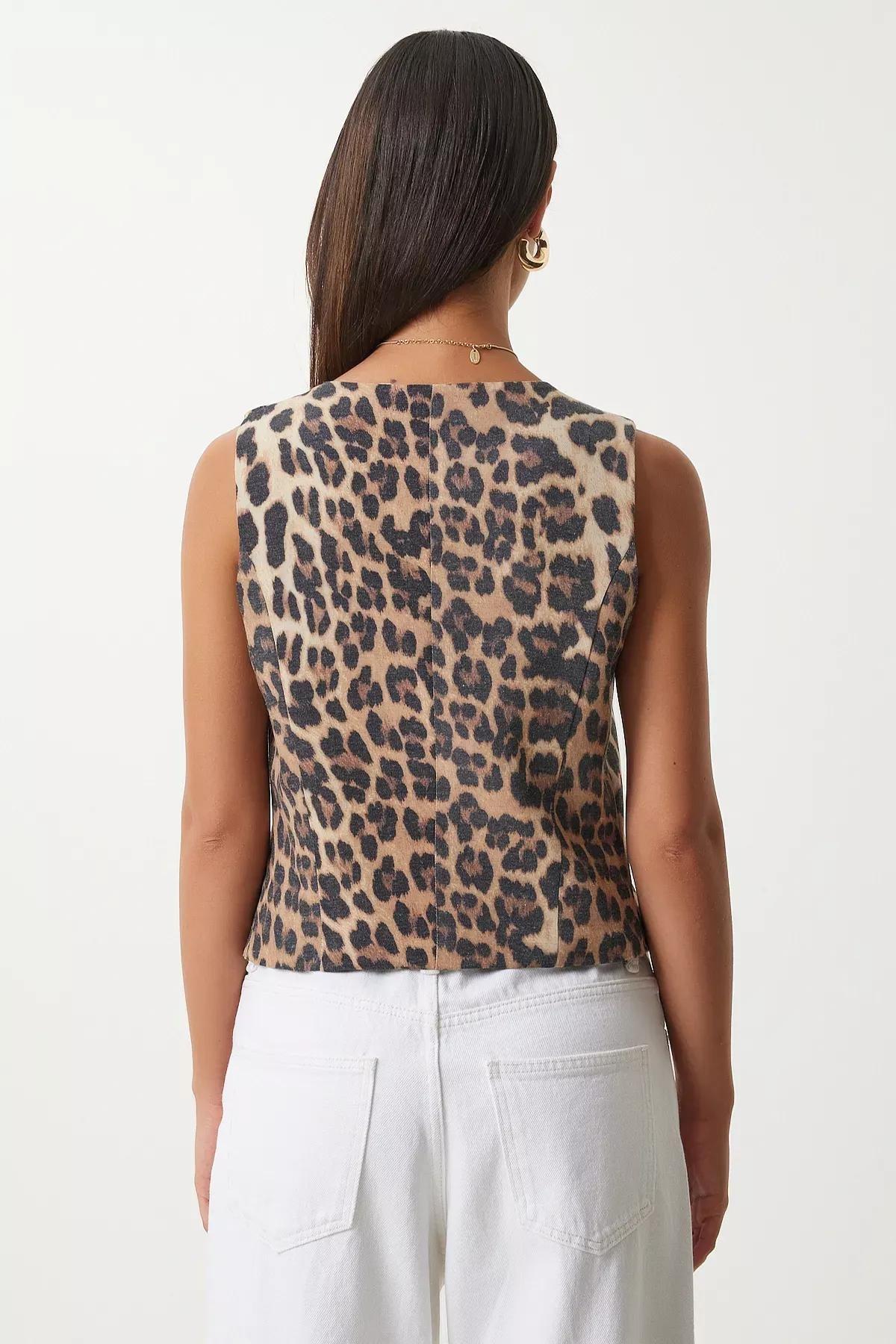 Black Beige Leopard V-Neck Vest, Black Beige, large image number 4