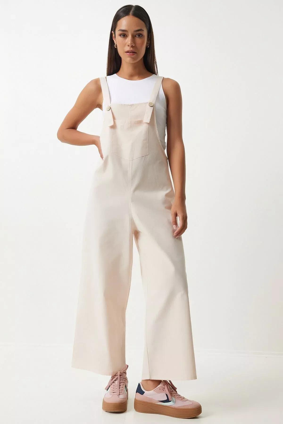 Womens Cream Strappy Thin Gabardine Summer Gardener Overalls KY00011, Single item, , medium
