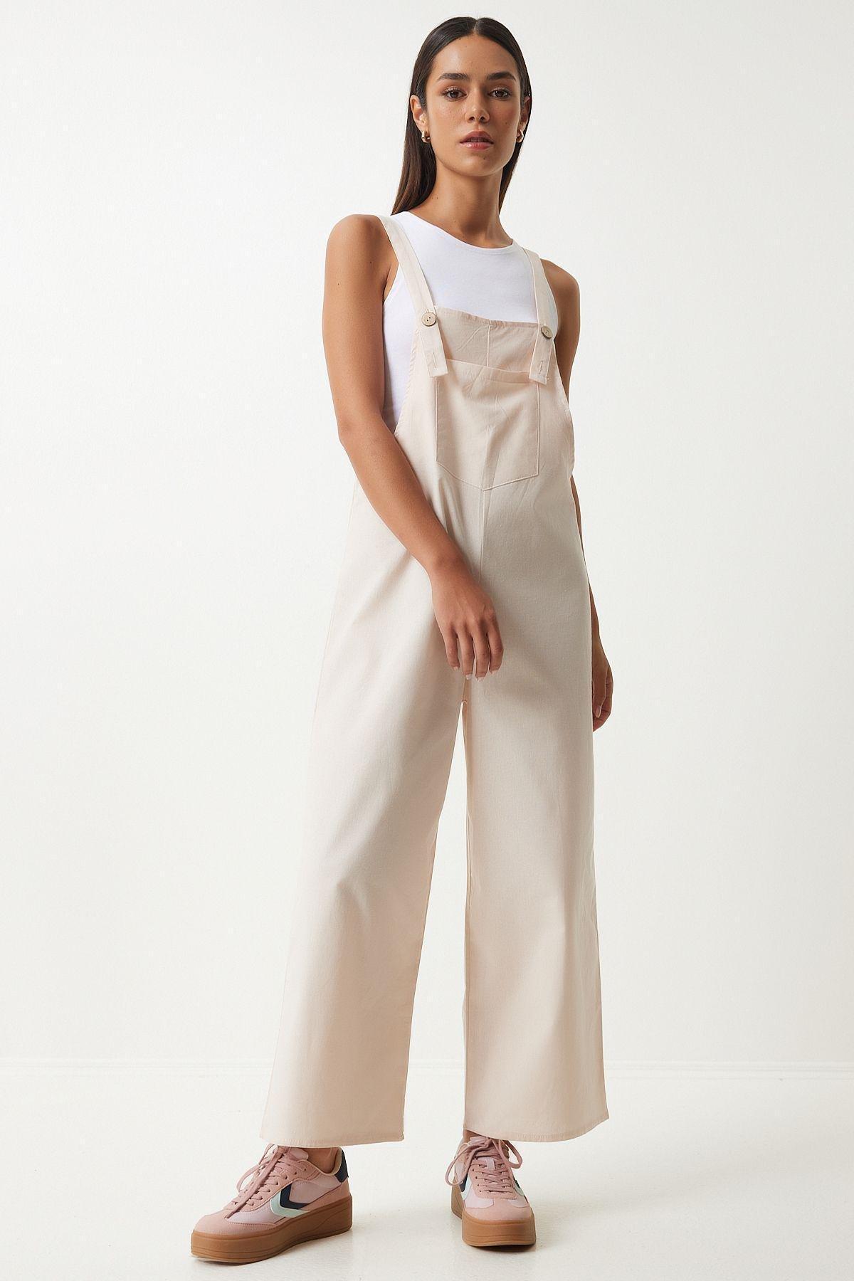 Womens Cream Strappy Thin Gabardine Summer Gardener Overalls KY00011, Single item, , large image number 1