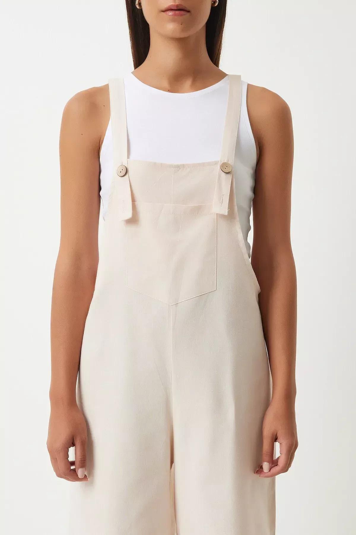 Womens Cream Strappy Thin Gabardine Summer Gardener Overalls KY00011, Single item, , large image number 4
