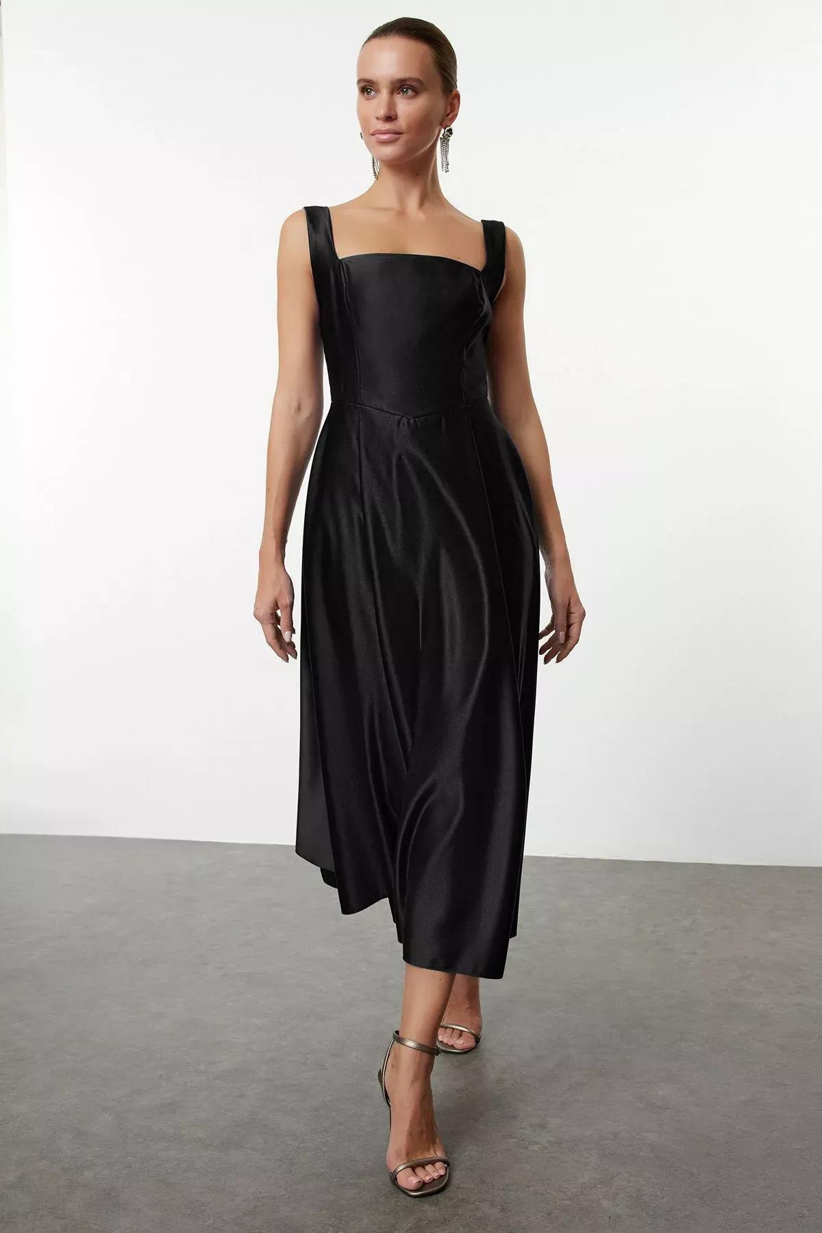 Black A-Line Satin Occasionwear Dress, BLACK, large image number 0