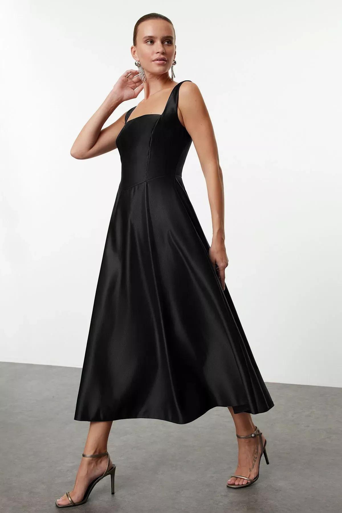 Black A-Line Satin Occasionwear Dress, BLACK, large image number 1