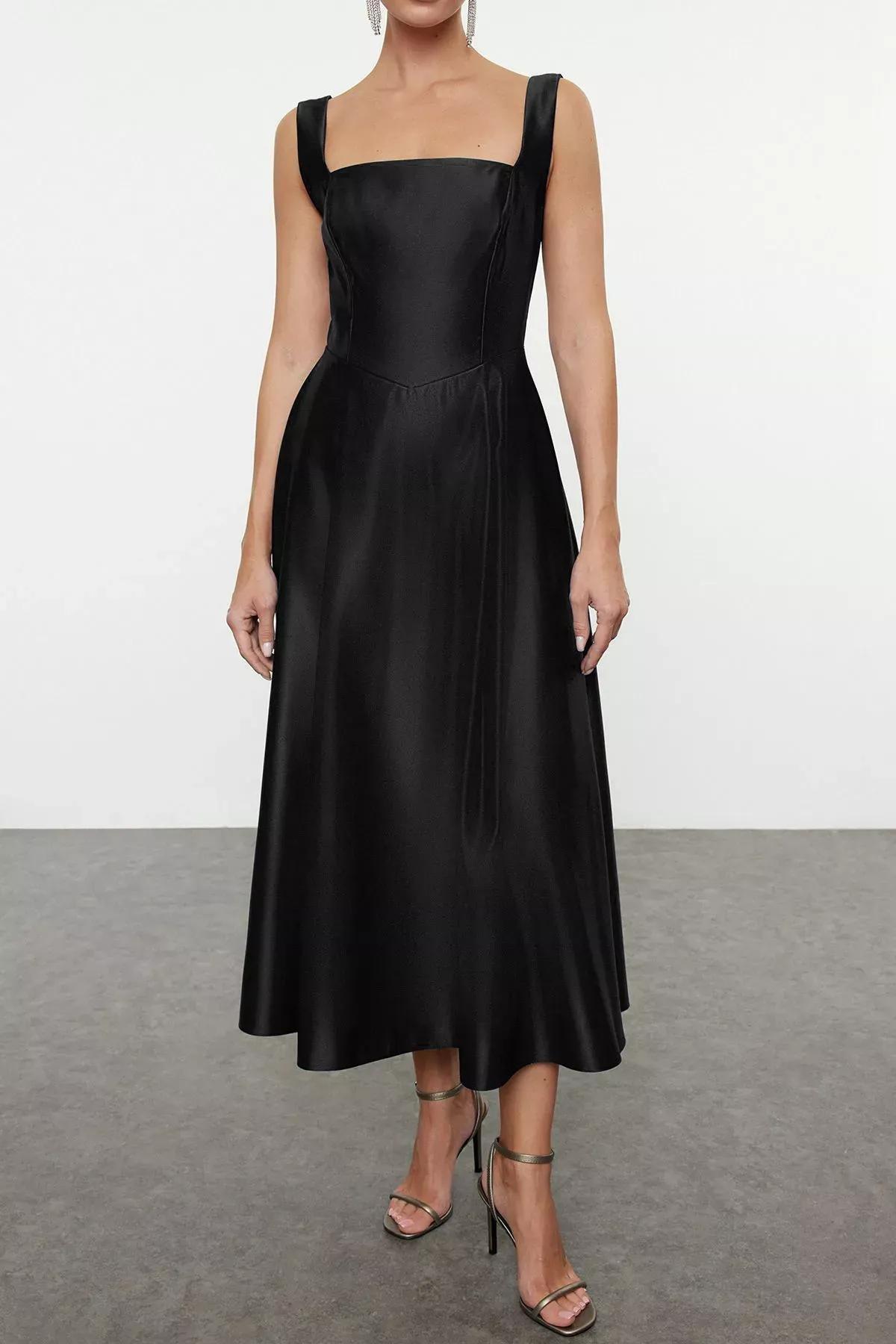 Black A-Line Satin Occasionwear Dress, BLACK, large image number 2