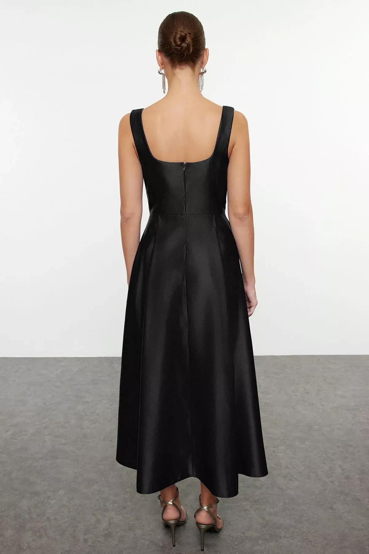 Black A-Line Satin Occasionwear Dress, BLACK, large image number 4