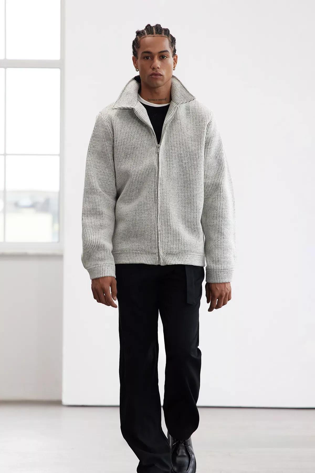 Grey Regular Fit Textured Winter Coat, , large image number 0