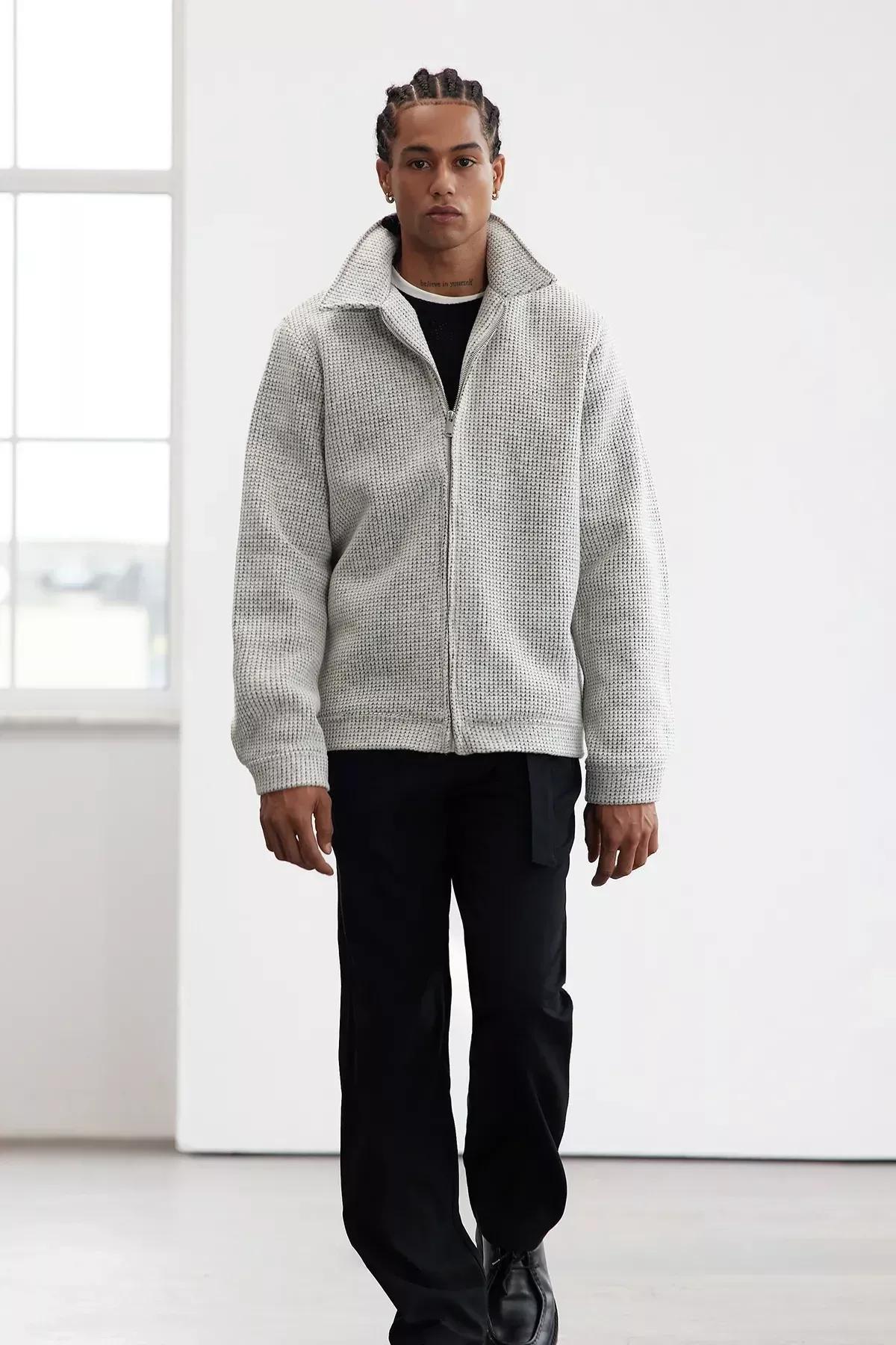 Grey Regular Fit Textured Winter Coat, , large image number 0