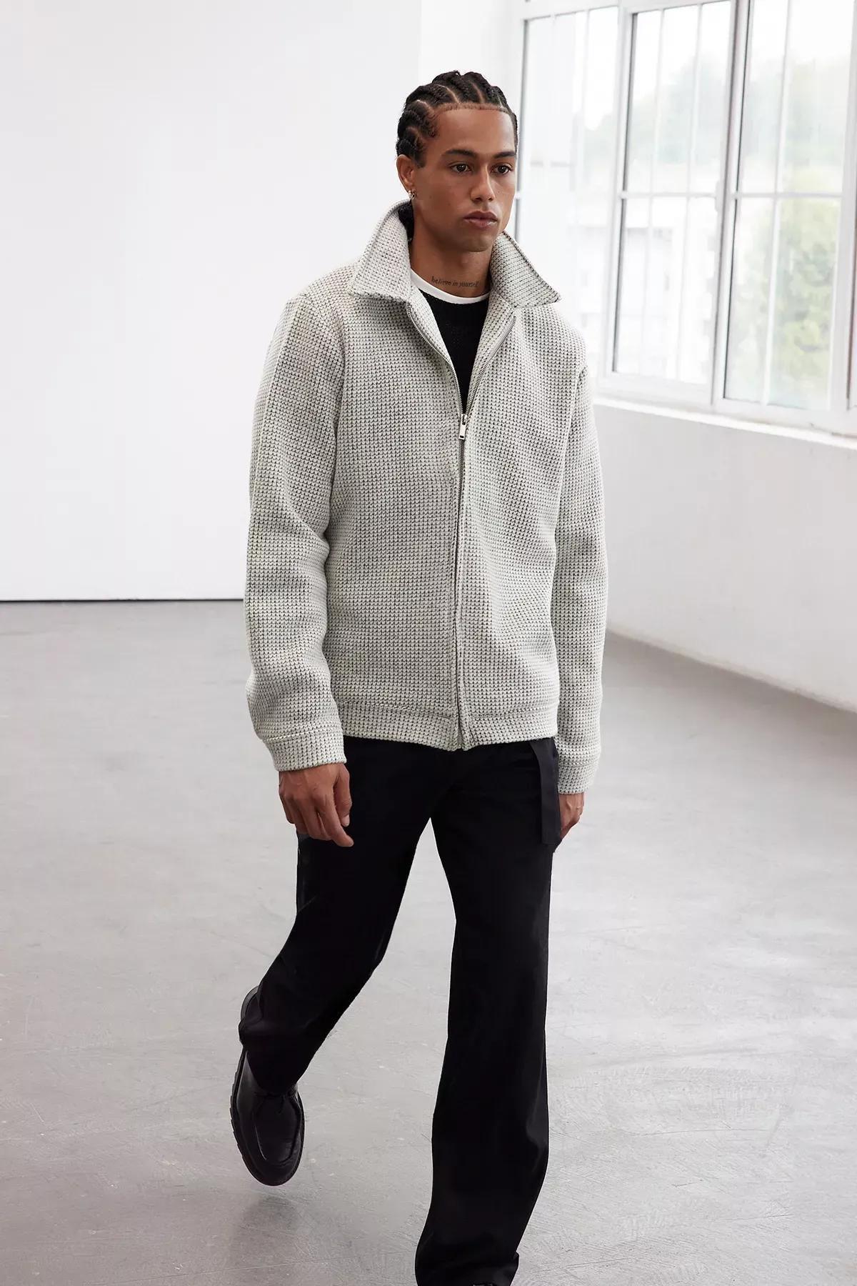 Grey Regular Fit Textured Winter Coat, , large image number 1