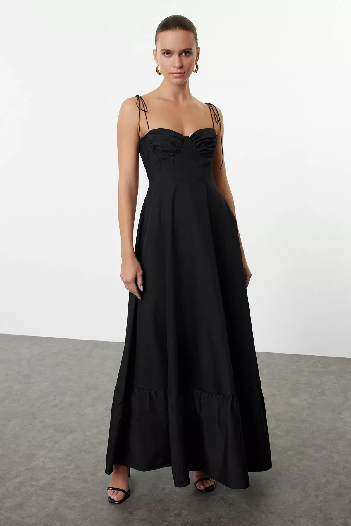 Black Detailed Woven Maxi Dress, , large image number 1