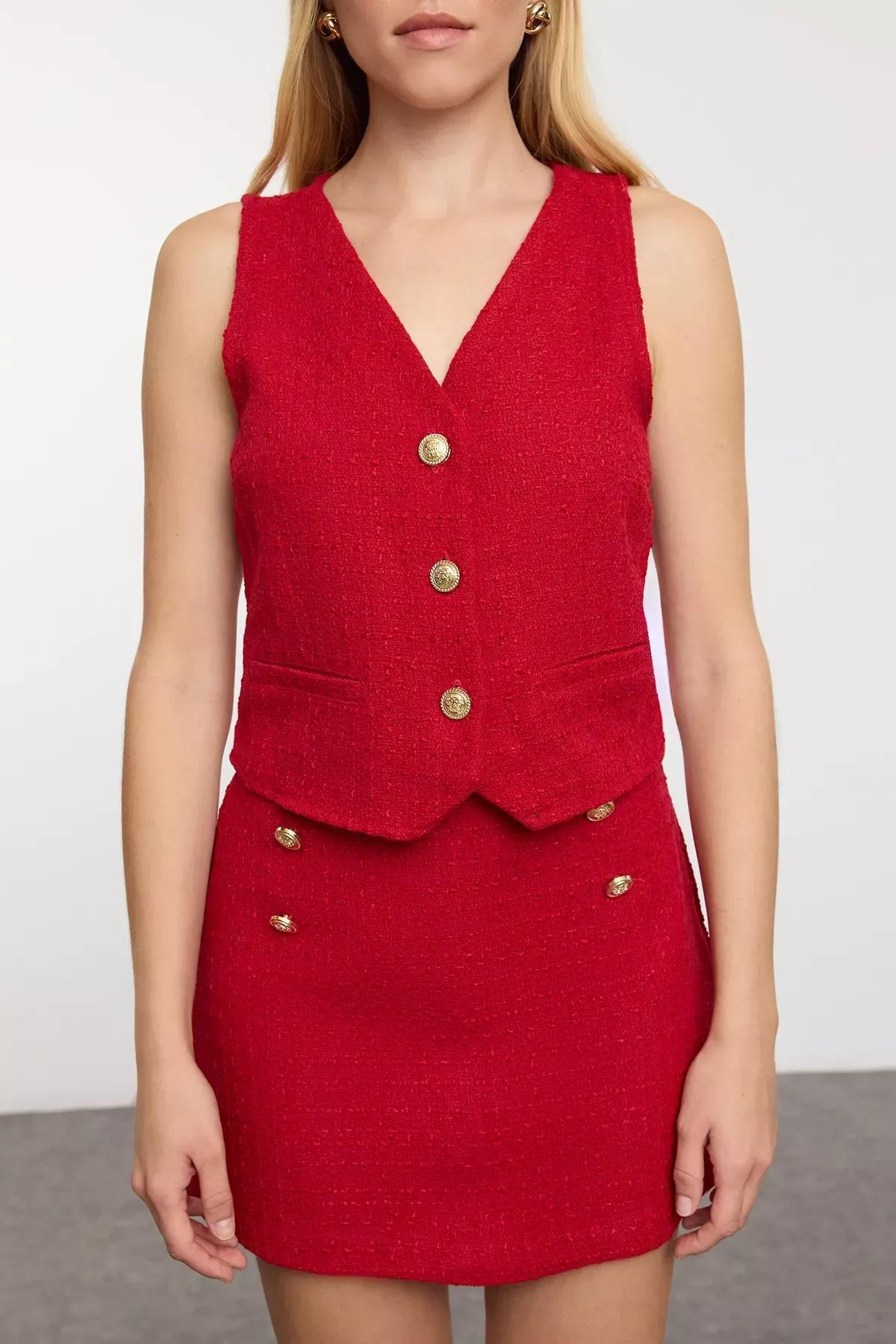 Red Detailed Tweed Woven Co-Ord Set, , large image number 2