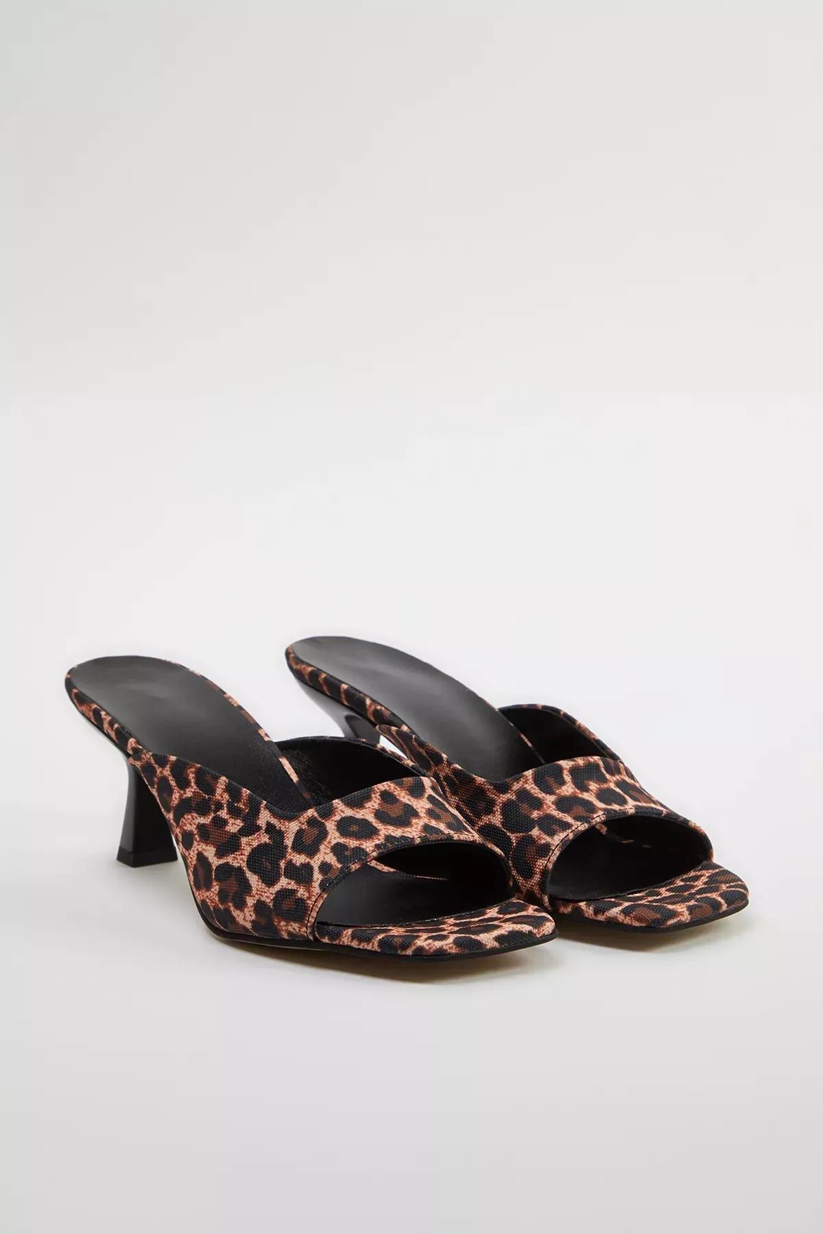 Brown Patterned Square Toe Heeled Slippers, , large image number 0