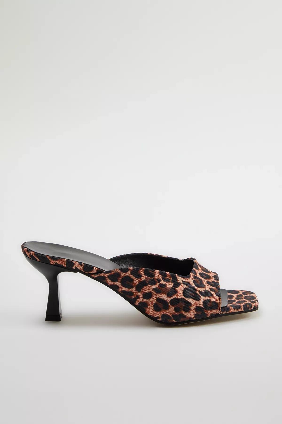 Brown Patterned Square Toe Heeled Slippers, , large image number 2