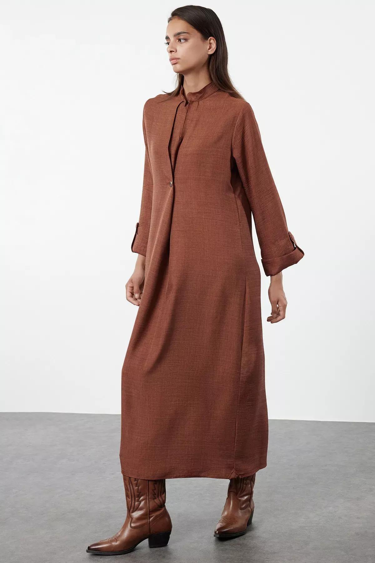 Brown Linen Look Woven Kimono & Kaftan Dress TCTAW25KK00001, Brown, large image number 0