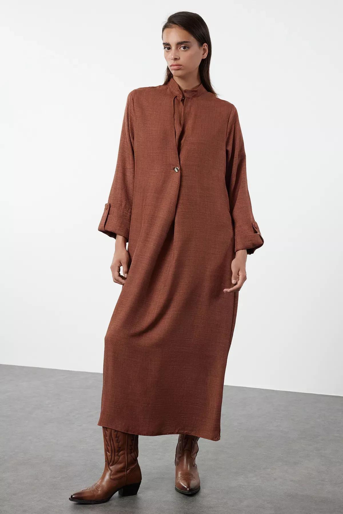 Brown Linen Look Woven Kimono & Kaftan Dress TCTAW25KK00001, Brown, large image number 1