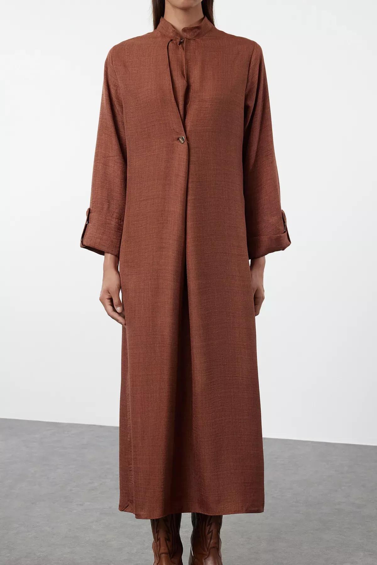 Brown Linen Look Woven Kimono & Kaftan Dress TCTAW25KK00001, Brown, large image number 3