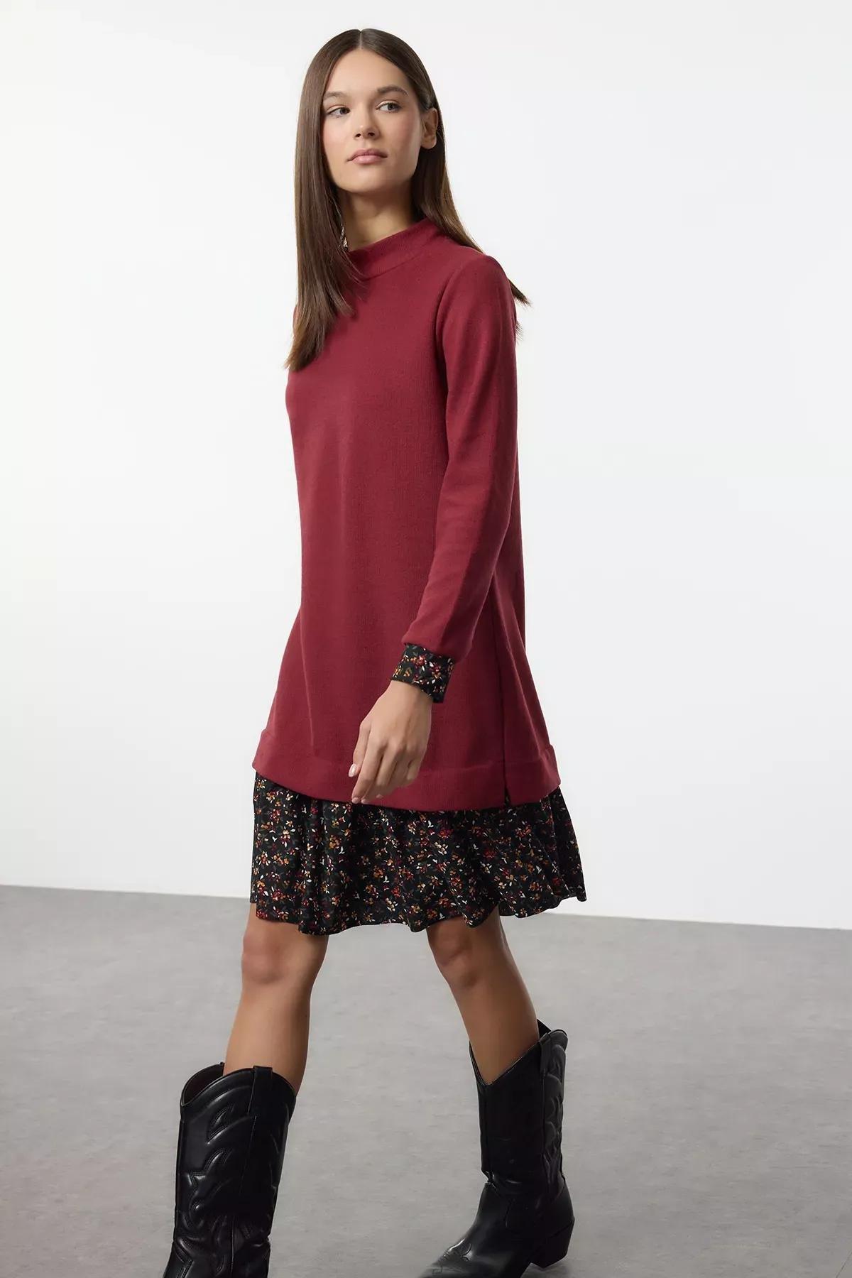 Burgundy Floral Printed Mini Knitted Dress, Burgundy, large image number 0