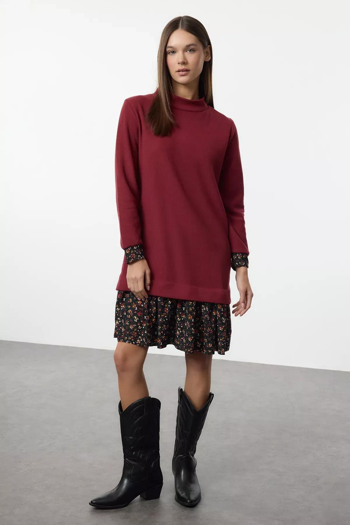 Burgundy Floral Printed Mini Knitted Dress, Burgundy, large image number 1