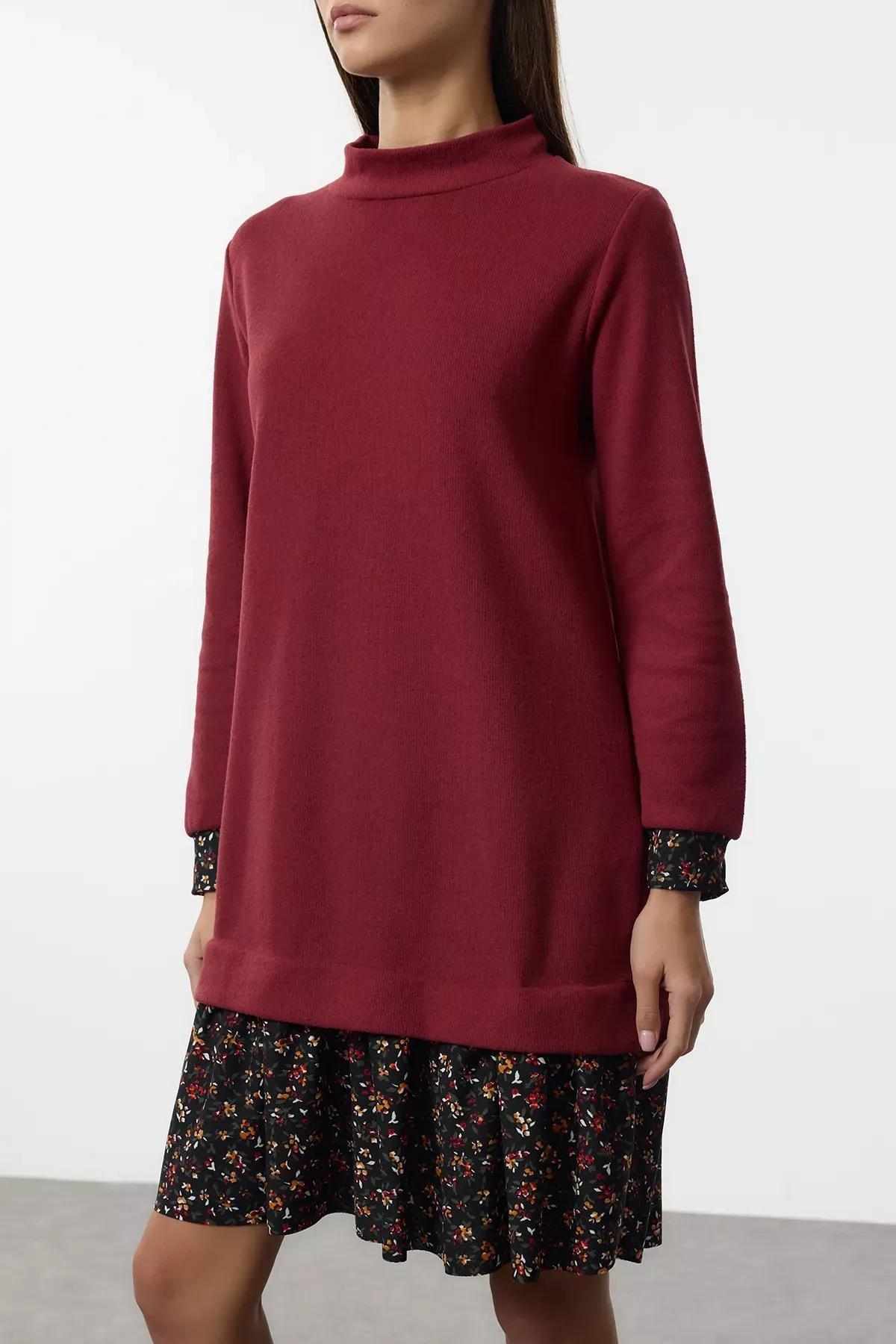 Burgundy Floral Printed Mini Knitted Dress, Burgundy, large image number 3