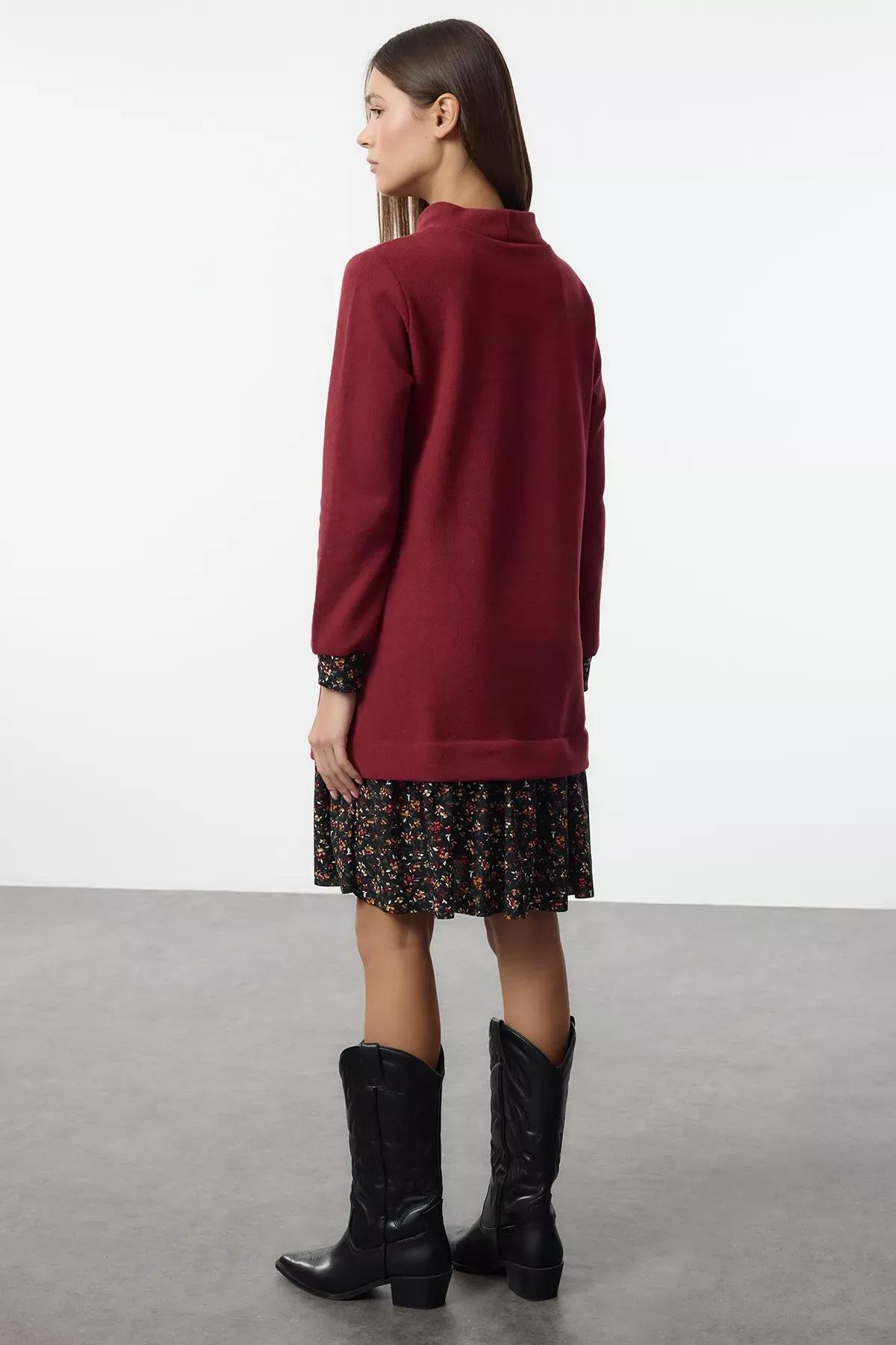 Burgundy Floral Printed Mini Knitted Dress, Burgundy, large image number 4