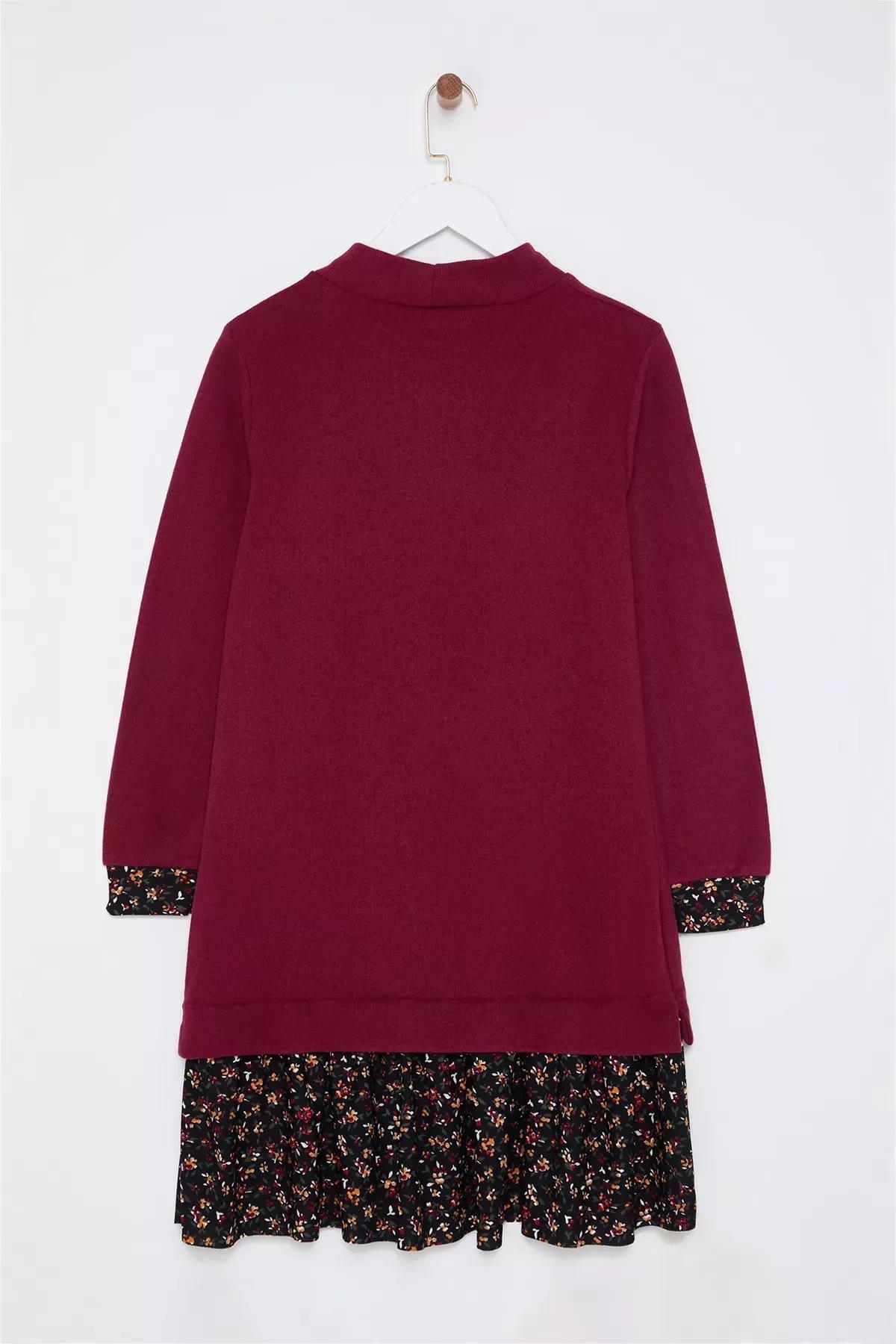 Burgundy Floral Printed Mini Knitted Dress, Burgundy, large image number 5