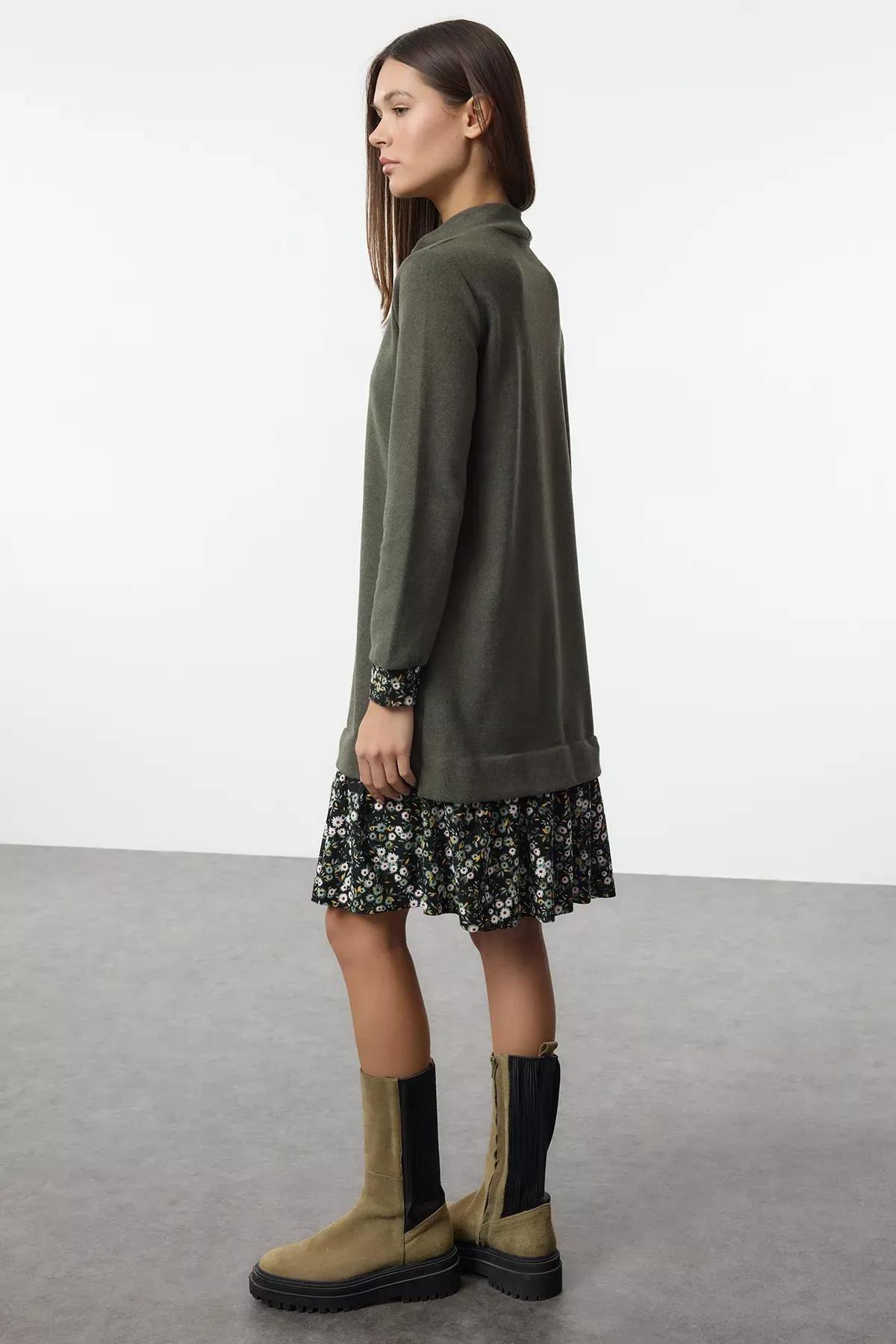 Green Floral Printed Collared Knitted Mini Dress, Emerald, large image number 4