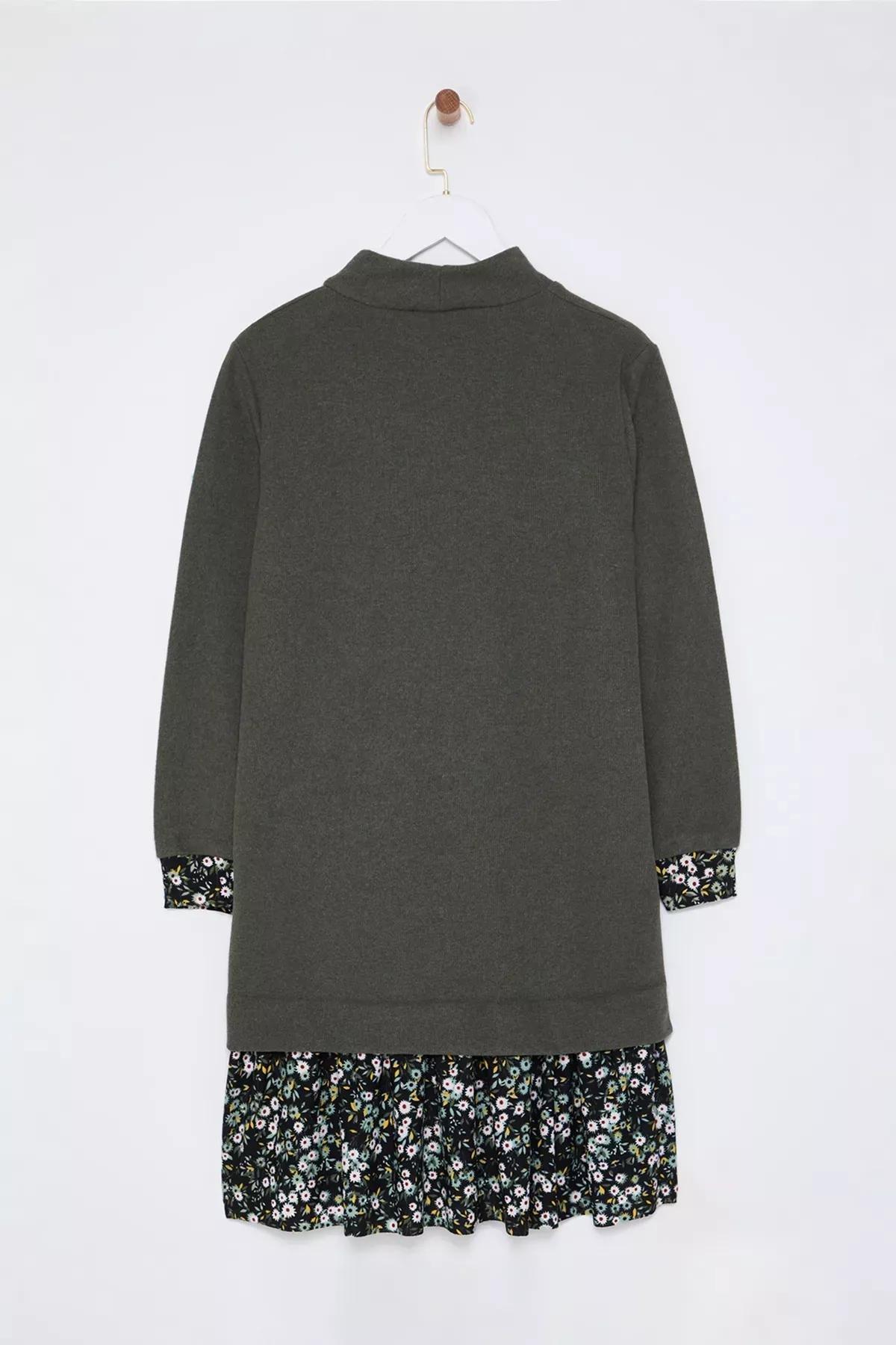 Green Floral Printed Collared Knitted Mini Dress, Emerald, large image number 5