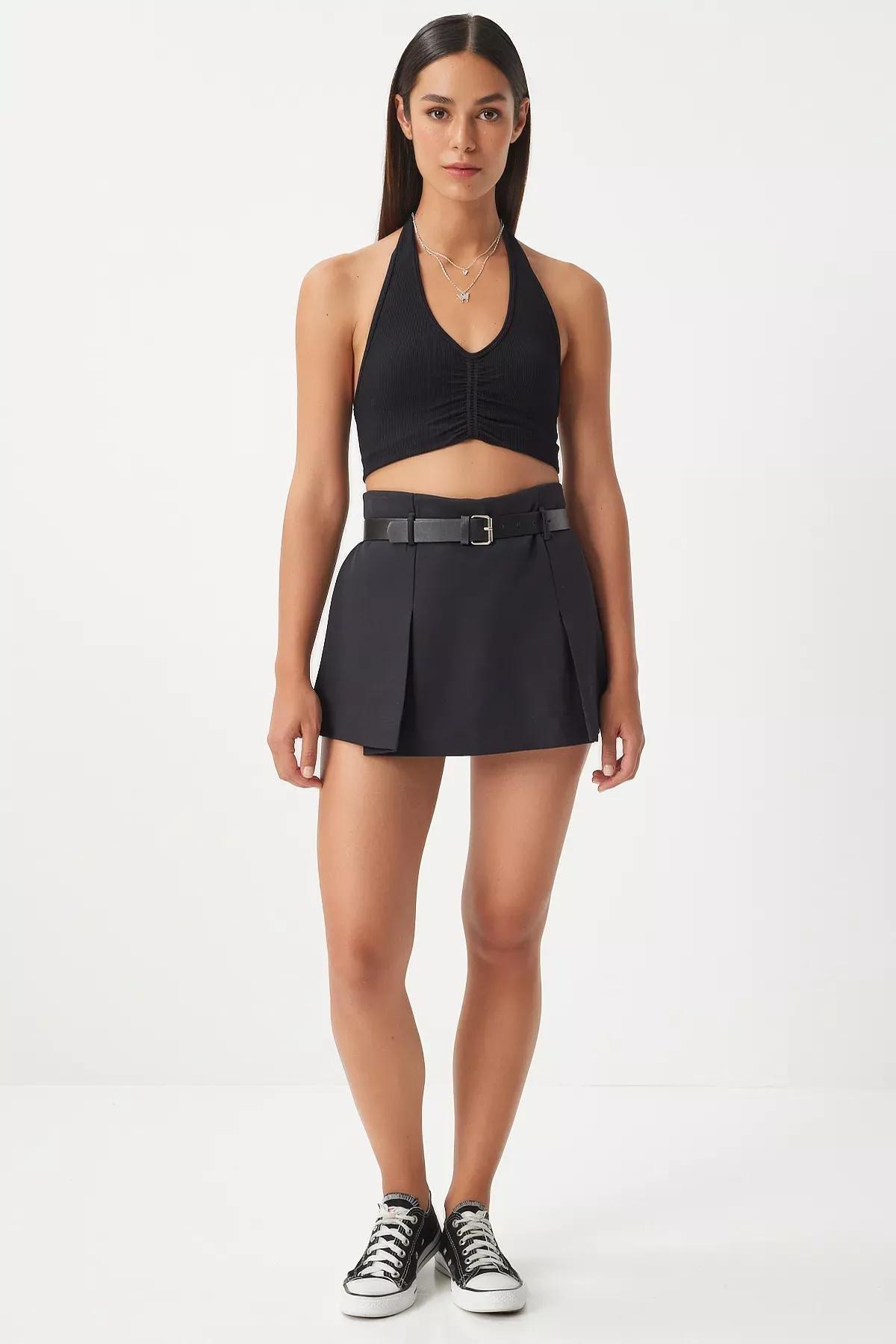 Black Pleated Belted Skort, , large image number 1
