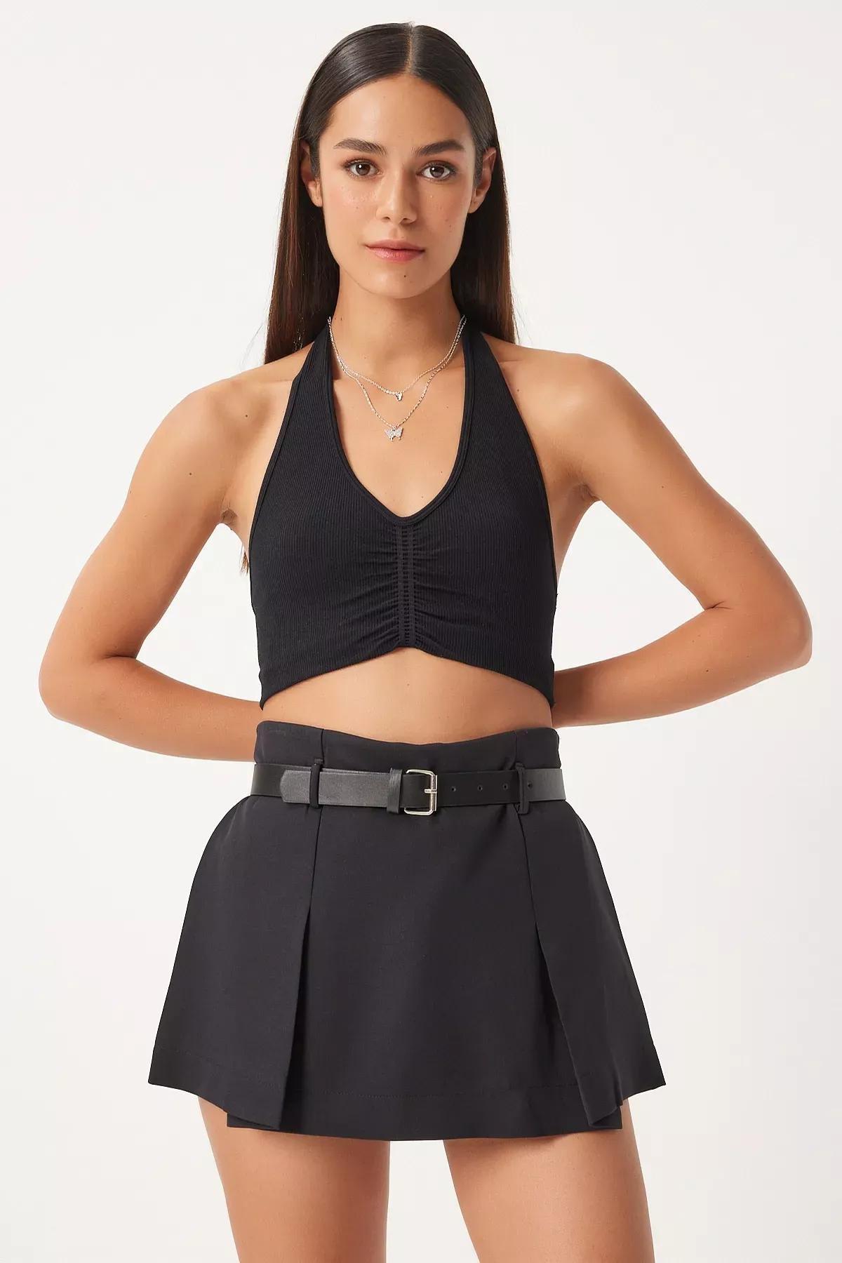 Black Pleated Belted Skort, , large image number 2
