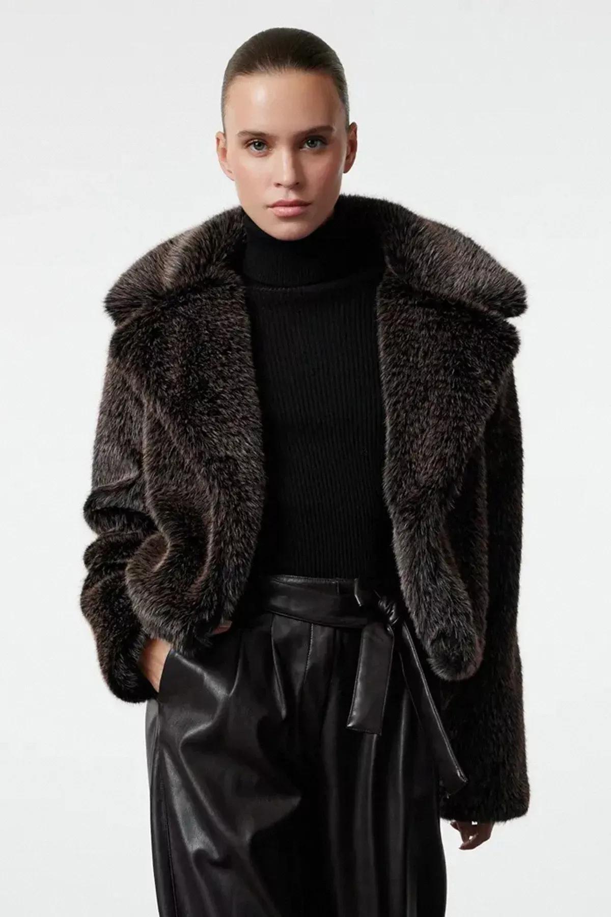 Brown Regular Fit Fur Coat, C101_120, large image number 0
