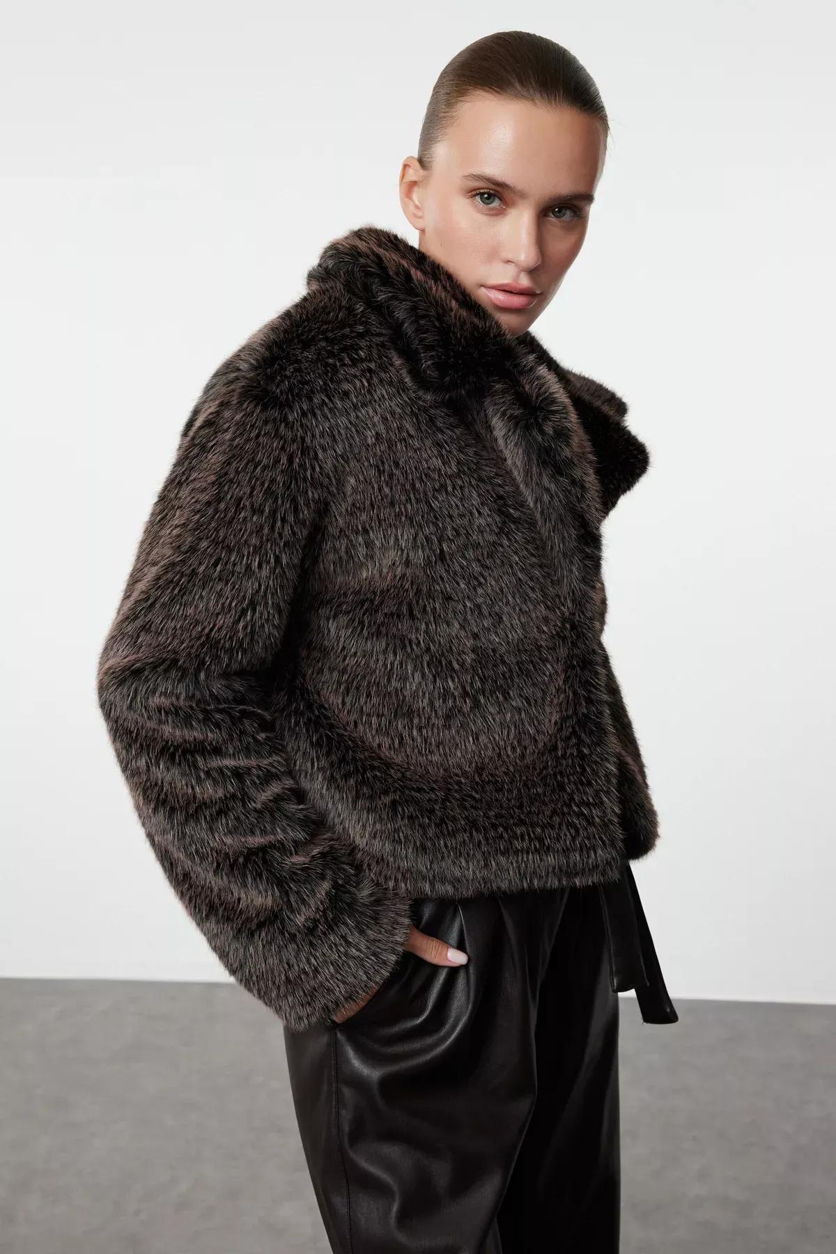 Brown Regular Fit Fur Coat, C101_120, large image number 1