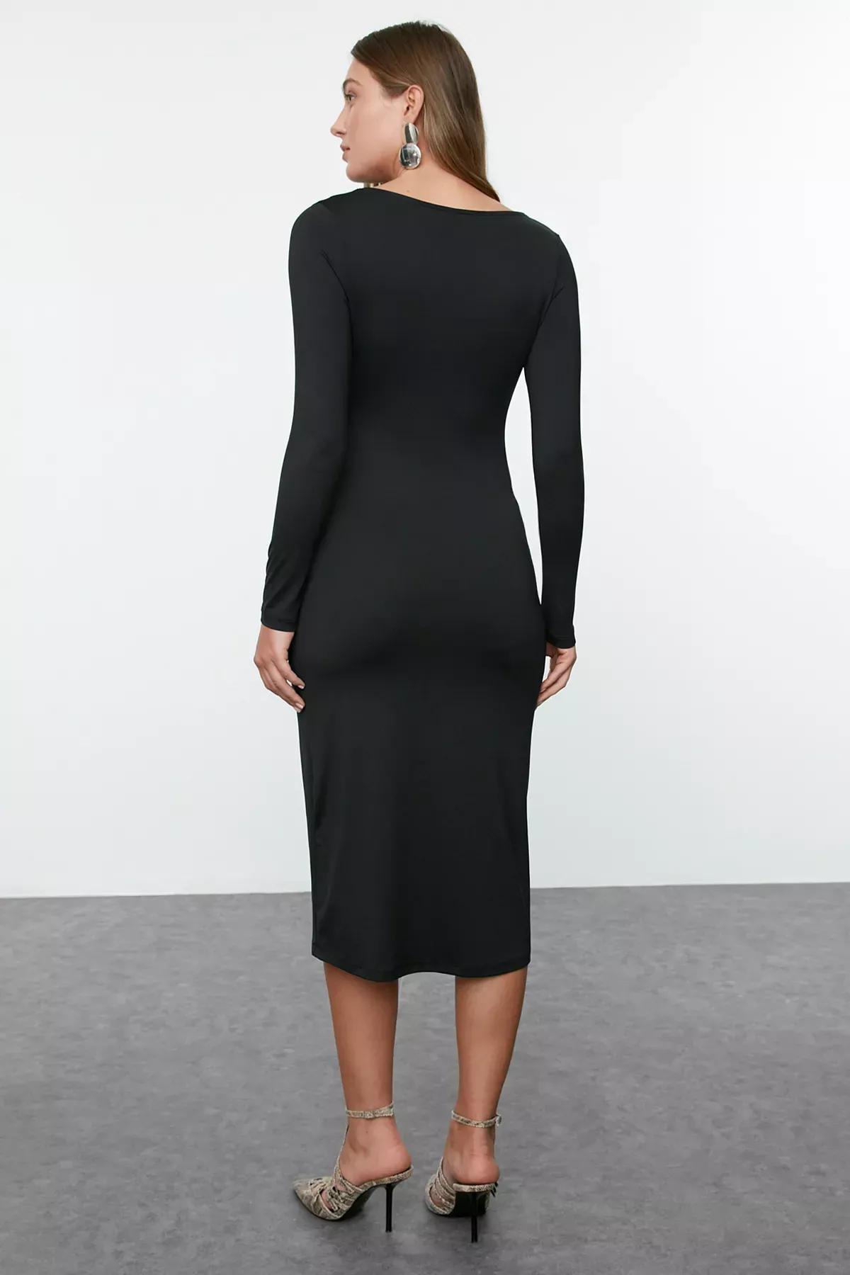 Black Straight Polyamide Midi Knitted Dress, , large image number 1