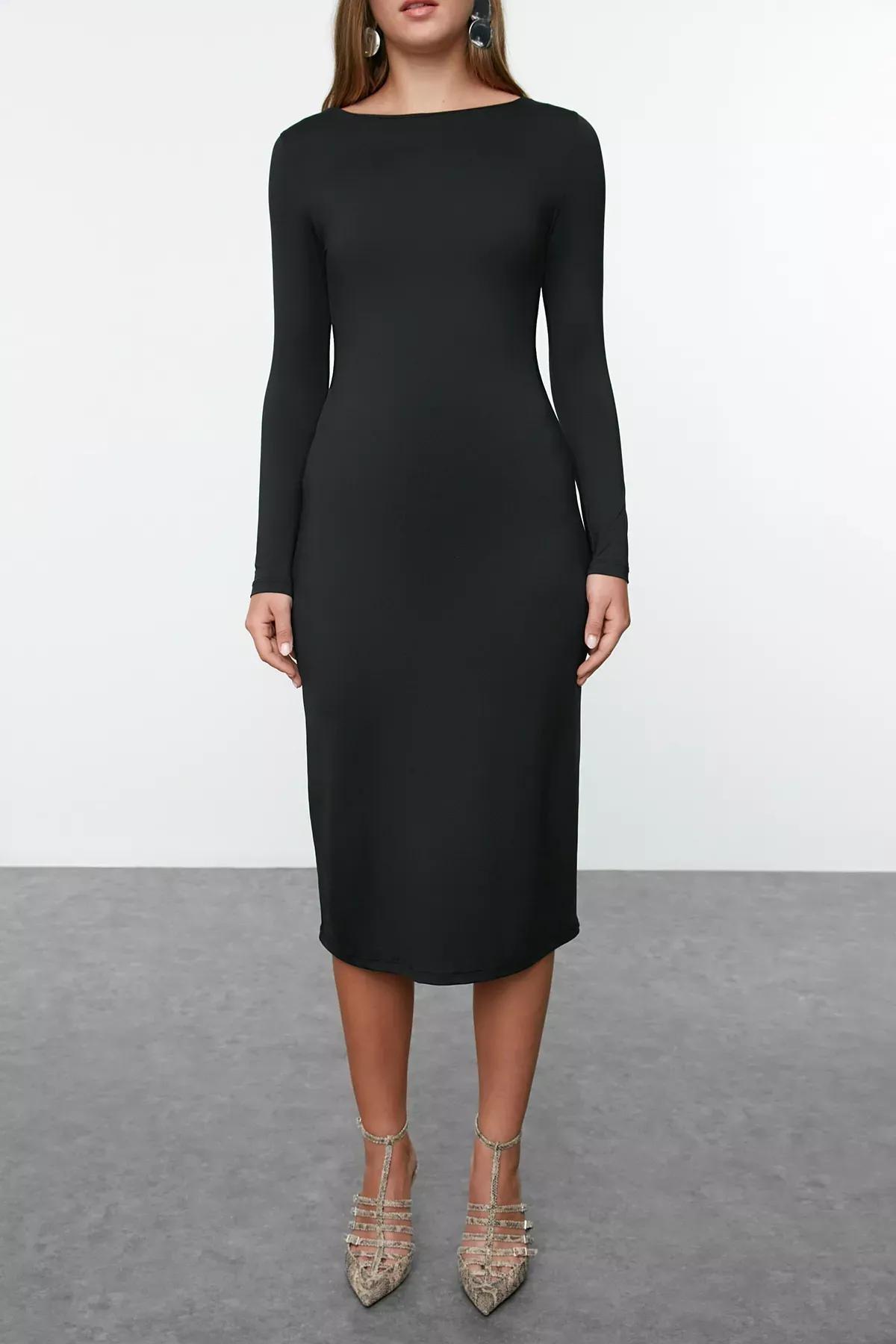 Black Straight Polyamide Midi Knitted Dress, , large image number 2